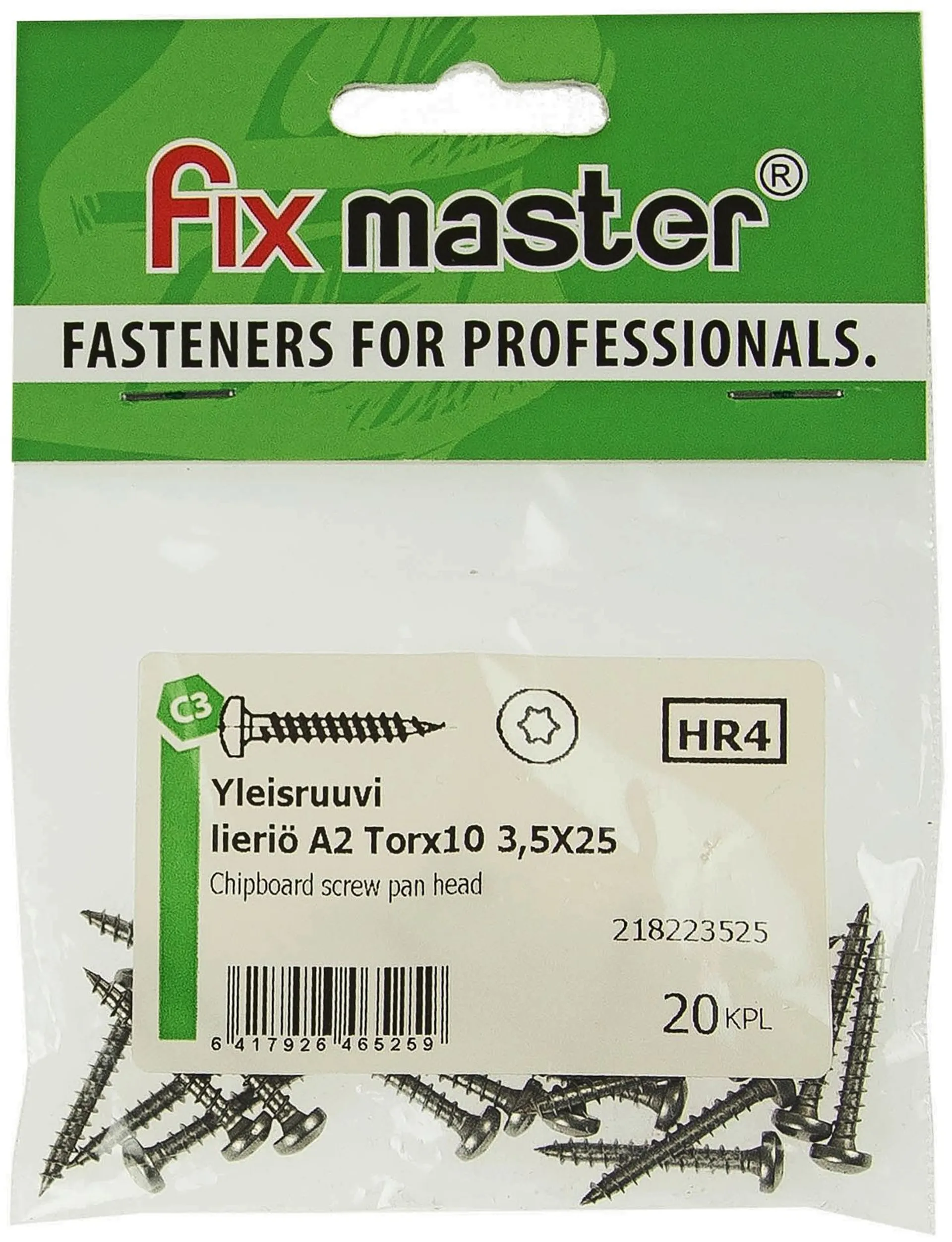 Fix Master yleisruuvi lieriökanta täyskierre A2 torx10 3,5X25 20kpl