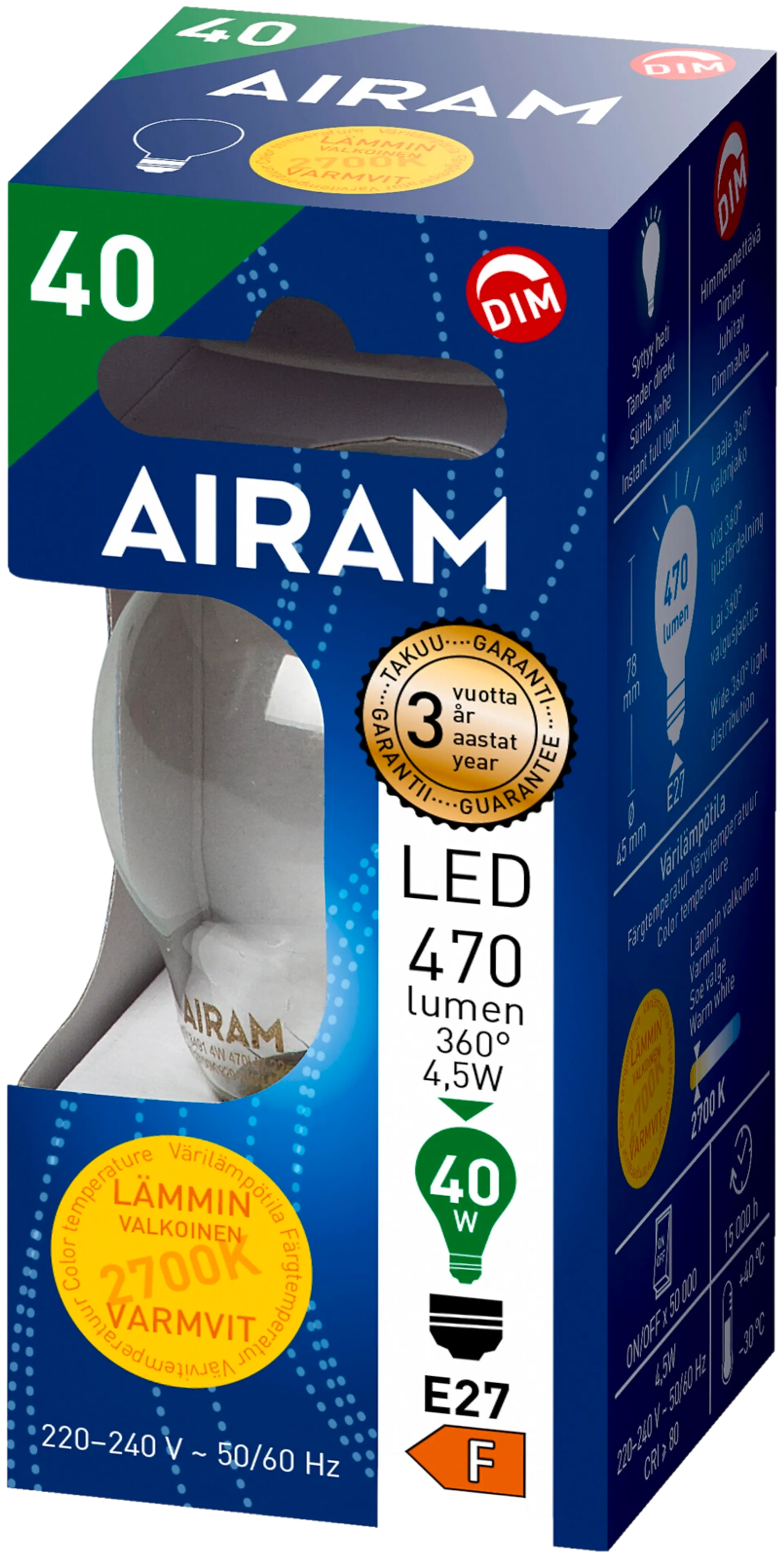 Airam LED koriste 4,5W E27 470LM himmennettävä kirkas - 2