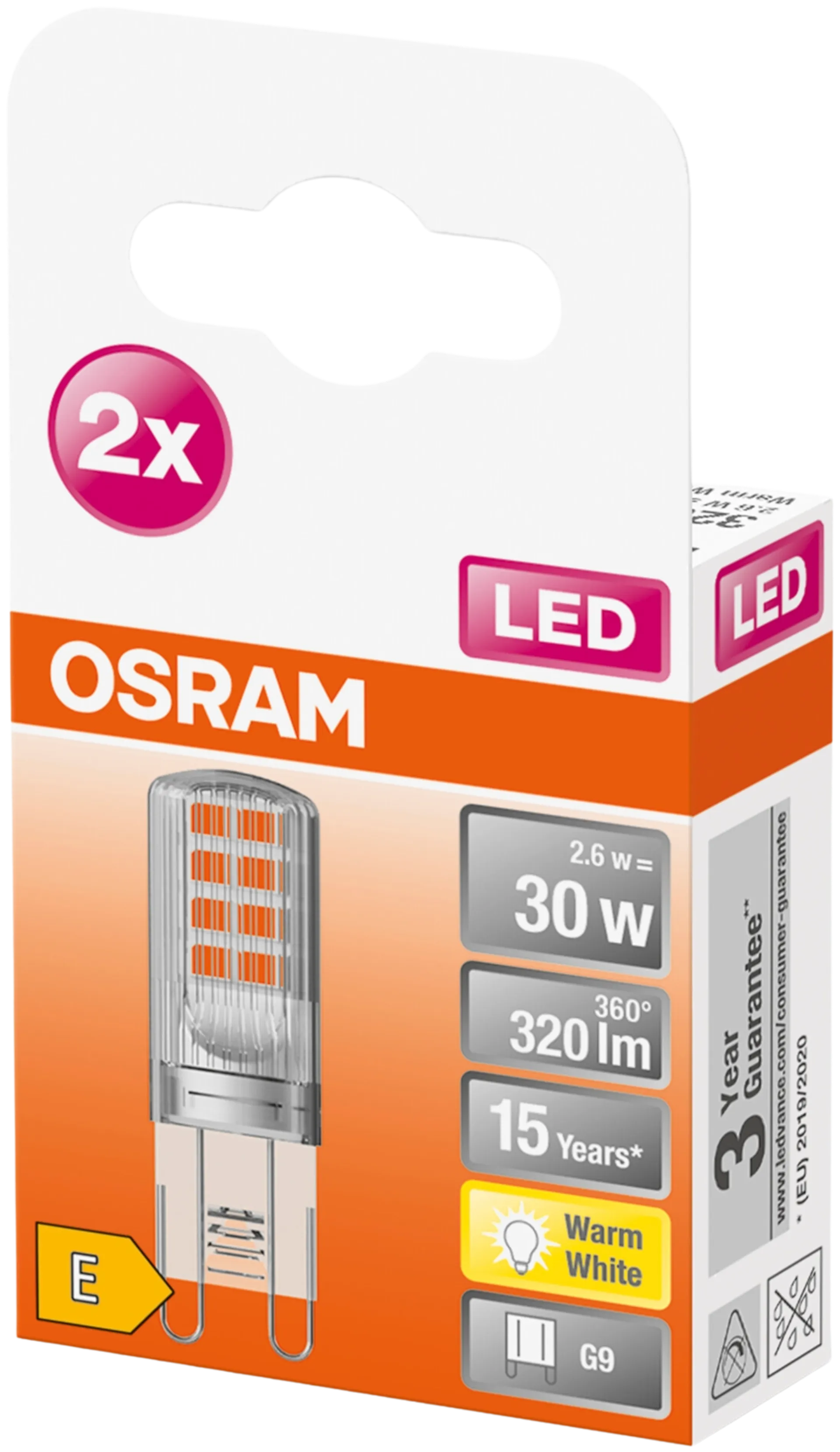 Osram LED PIN 2,6W/2700K G9 ei-himmennettävä kirkaskupuinen LED-pienoislamppu 2kpl/pkt - 3