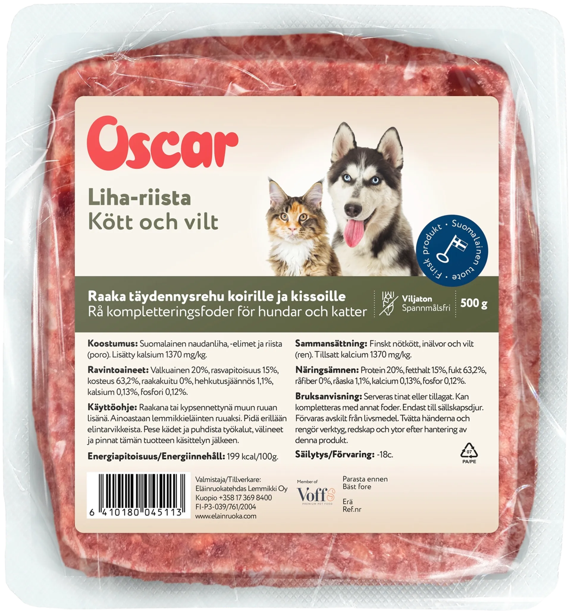 Oscar Liha-riista raaka täydennysravinto koirille ja kissoille 500g