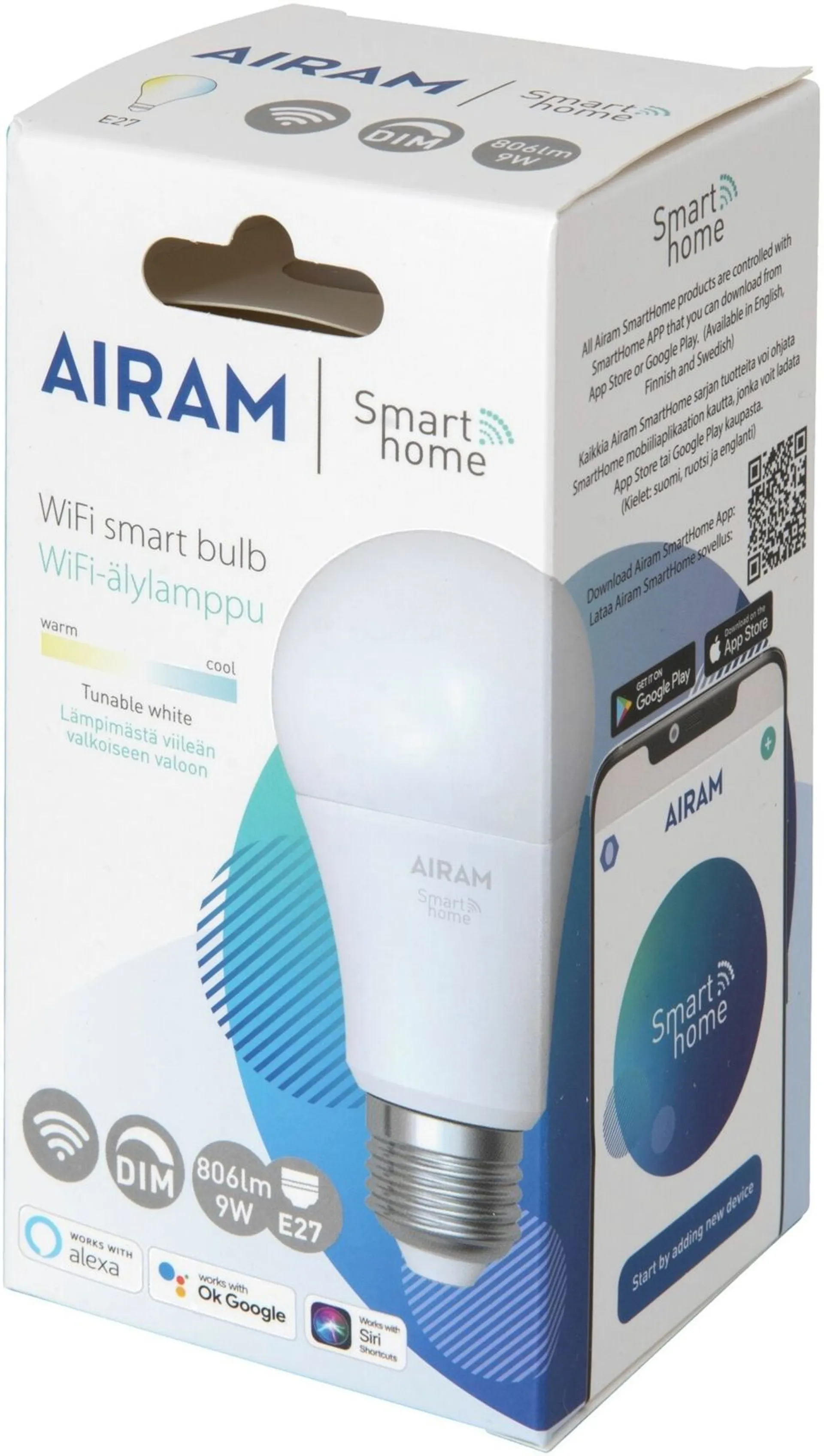 Airam Smart vakiolamppu 9W opaali E27 806lm TW 2700-6500K - 2