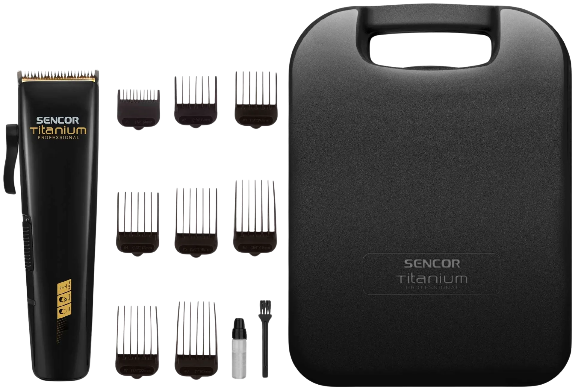 Sencor SHP 8400BK Kotiparturi. Titaani - titaanipinnoitettu terä, 8 lisävarustetta ja 9 eri leikkauspituutta. Kaikki kätevässä matkalaukussa - sekä matkustamiseen että säilytykseen. - 2