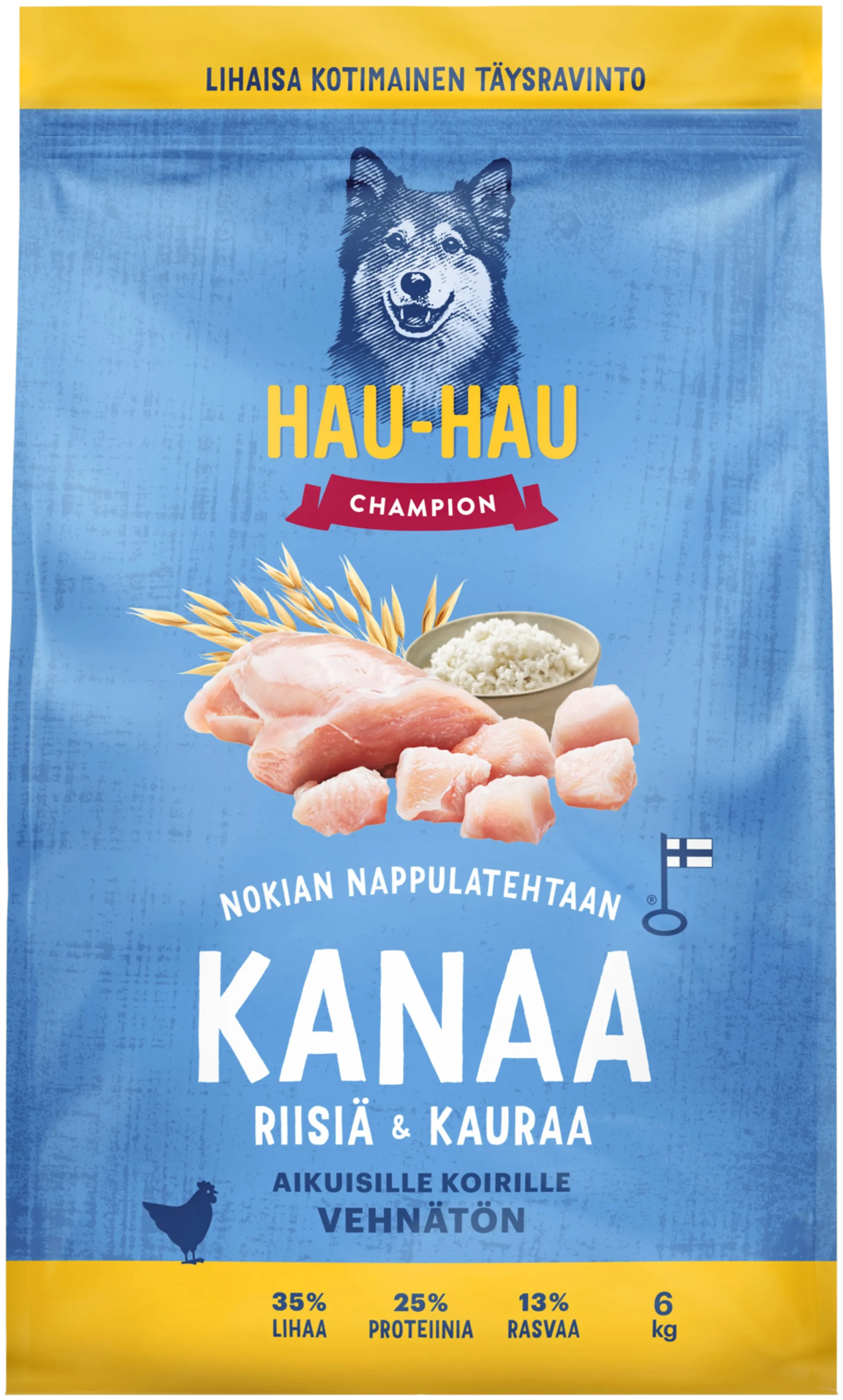 Hau-Hau Champion Nokian Nappulatehtaan Kanaa, riisiä & kauraa täysravinto aikuisille koirille 6 kg