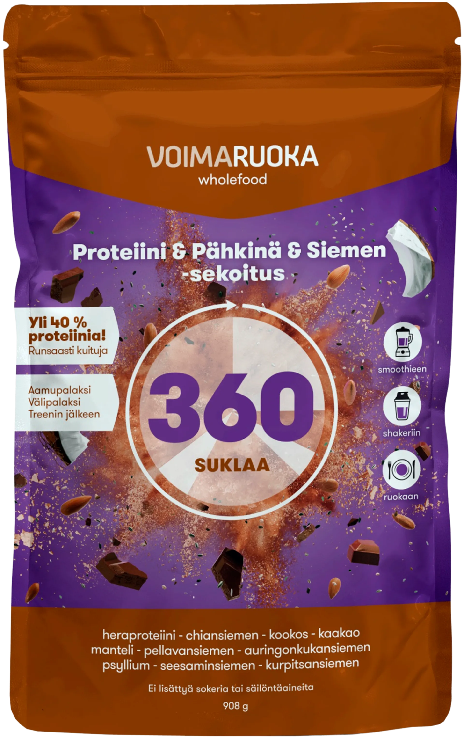 Voimaruoka 360 Wholefood suklaan makuinen proteiini-siemensekoitus 908g