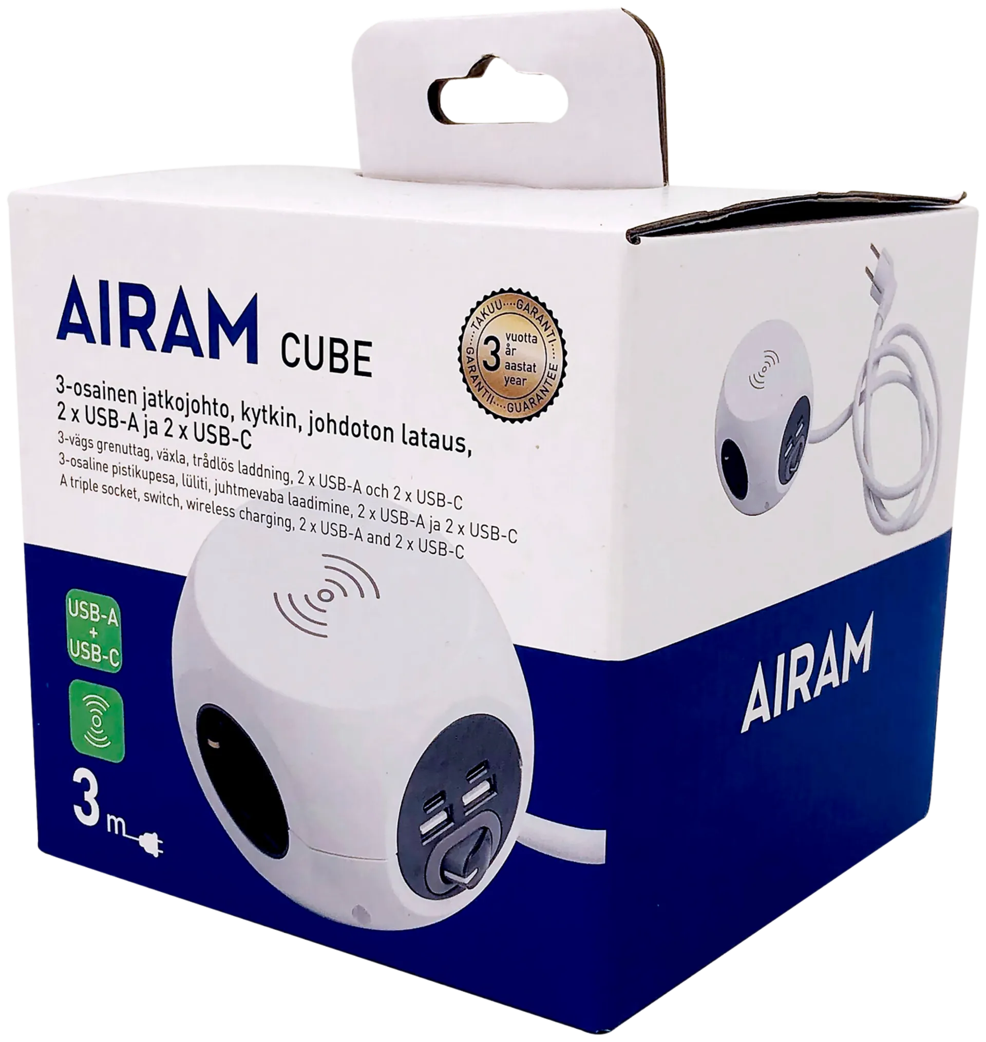 Airam Cube 3-os. kytkin WC 4USB 3m 2 X USB-A 2 X USB-C langaton lataus - 3