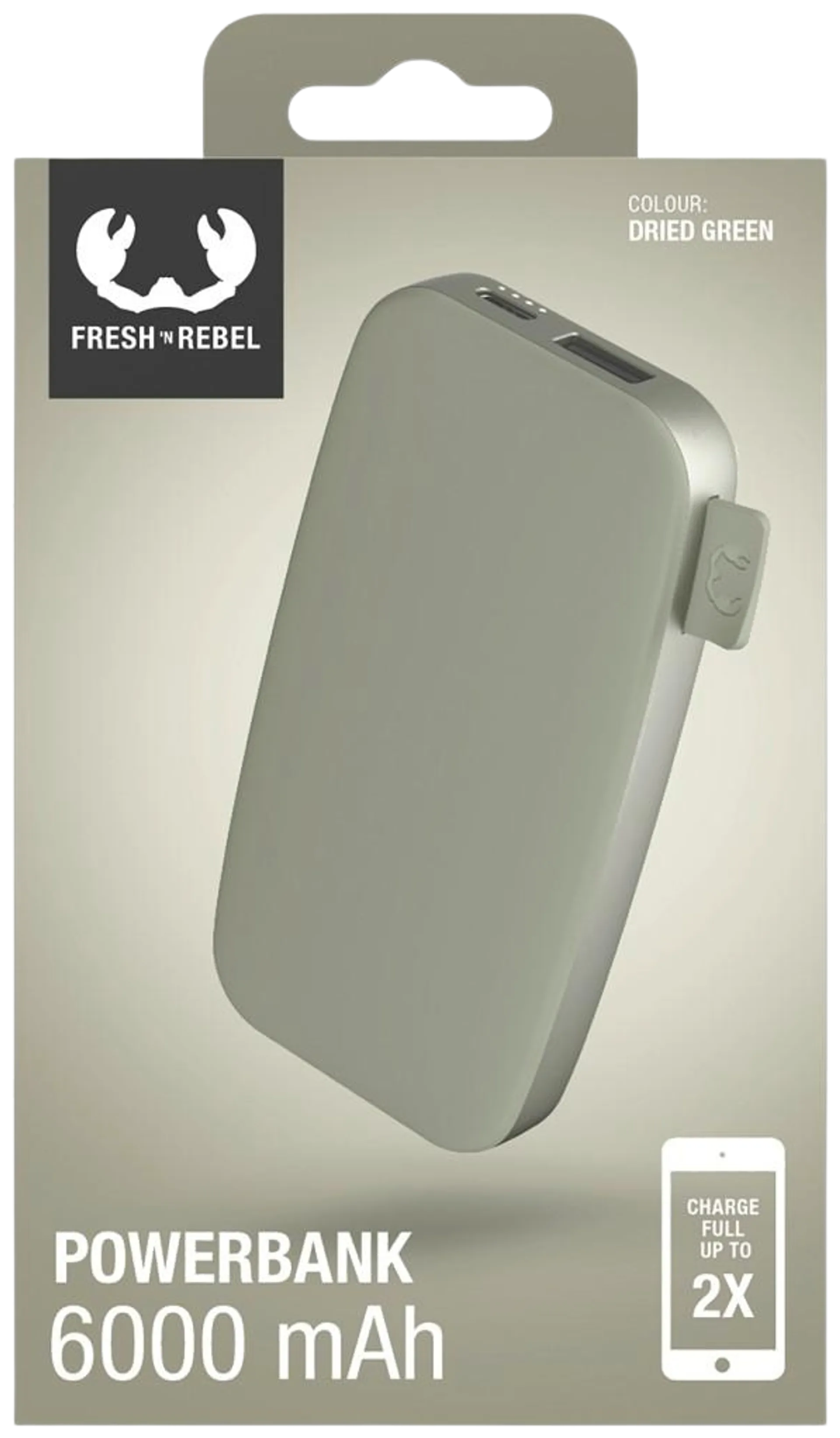Fresh 'n Rebel Varavirtalähde 6000 mAh USB-C -liitännällä, Fast Charging, Dried Green - 6