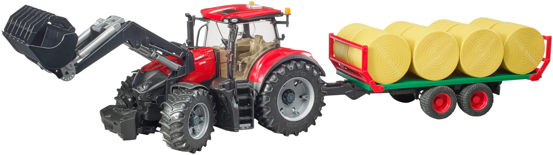 Bruder Case IH Optum 300 CVX traktori etukuormaajalla, paalivaunulla ja paaleilla