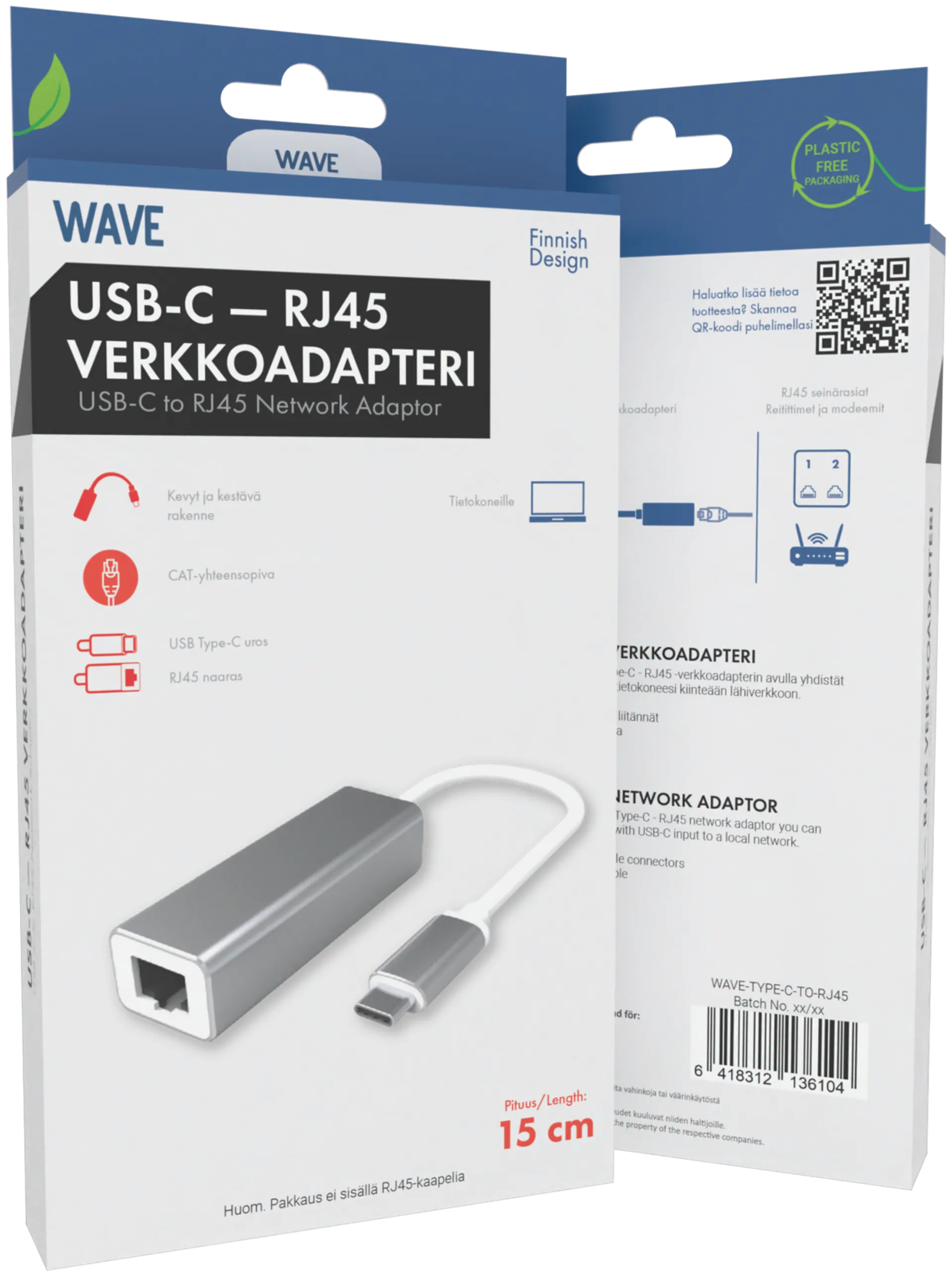 Wave USB Type-C uros - RJ45 naaras verkkoadapteri, 15cm, Hopea/Valkoinen - 2