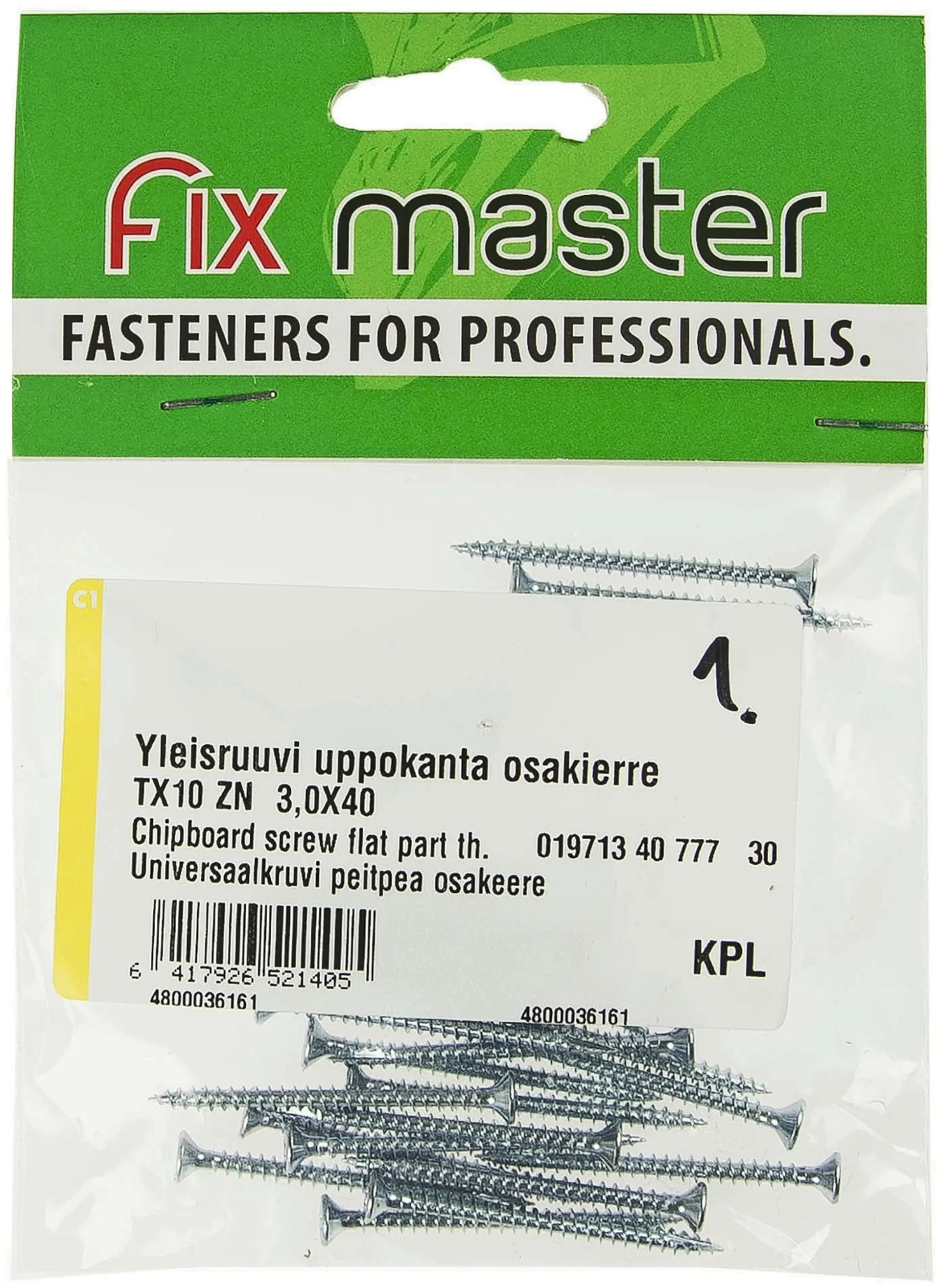 Fix Master yleisruuvi uppokanta osakierre torx10 3,0X40 sinkitty 30kpl