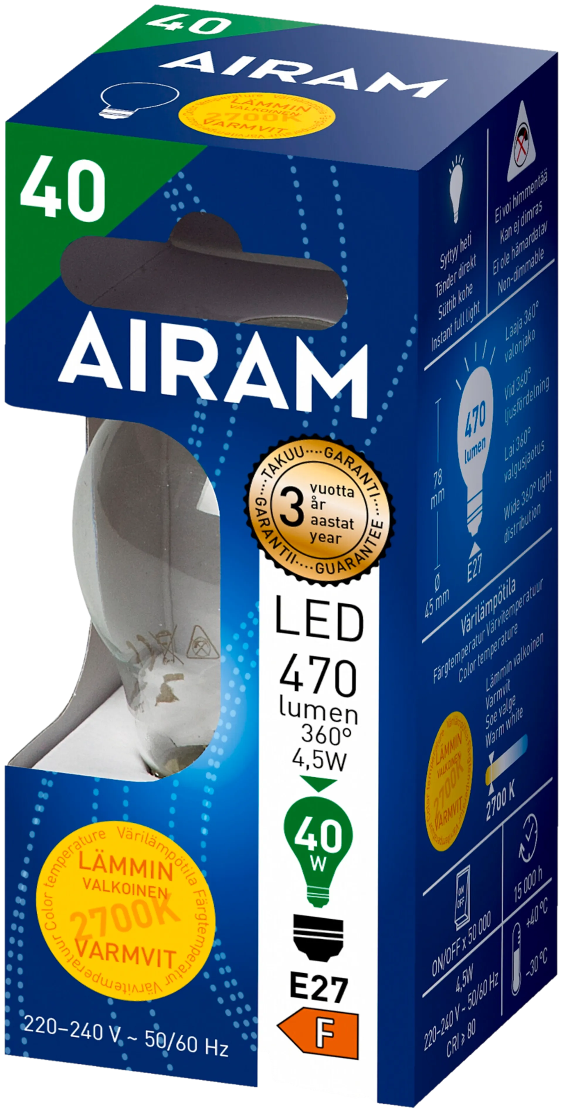 Airam LED 4,5W koriste filamentti E27 470lm 2700K - 2