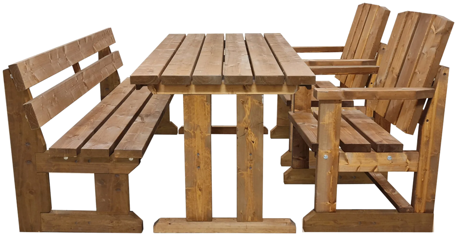 Jämäkkä kalusteryhmä pöydällä, penkillä ja kahdella tuolilla, ruskea 150x170x74cm - 1