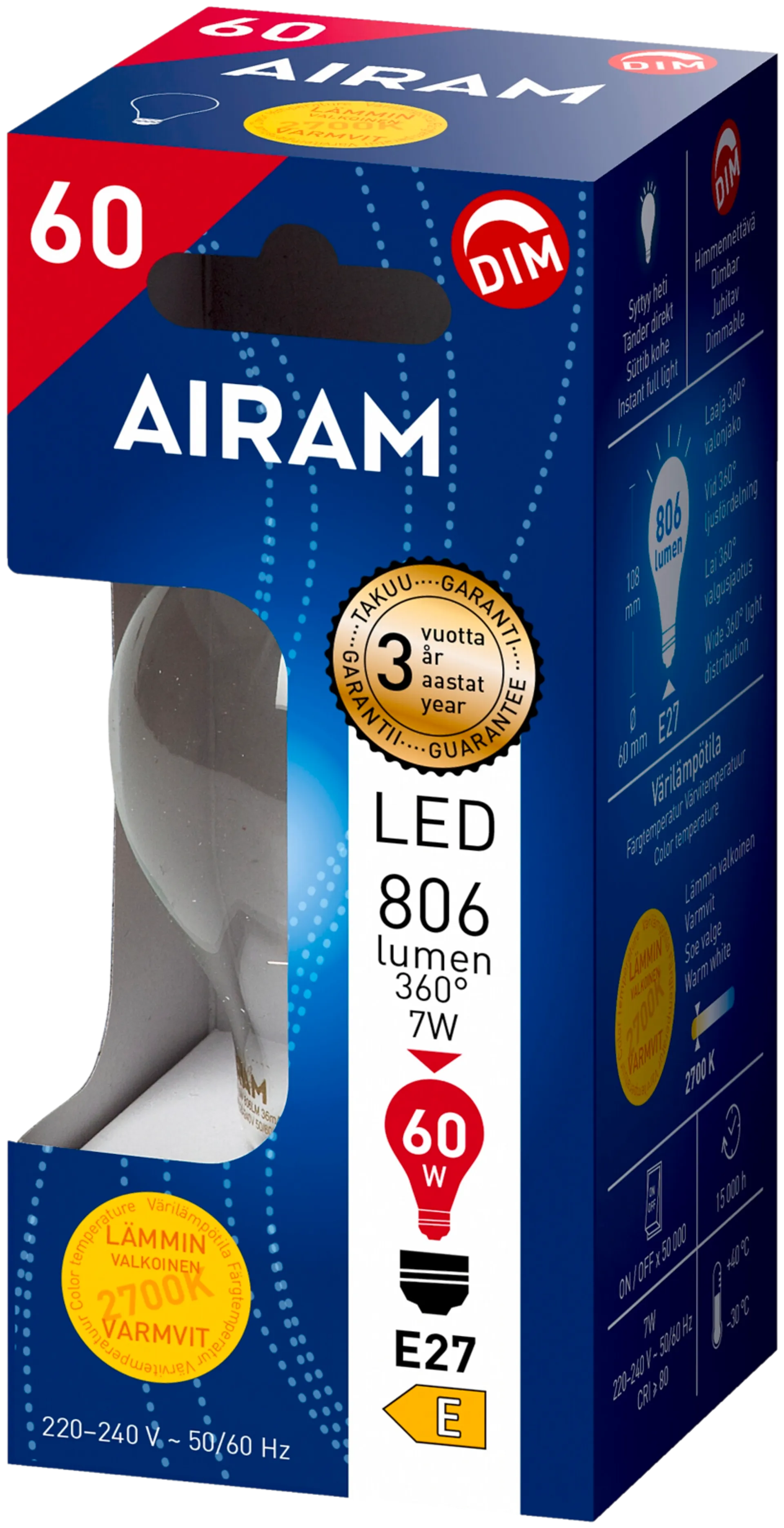 Airam LED vakiolamppu 7W E27 806LM himmennettävä kirkas - 2