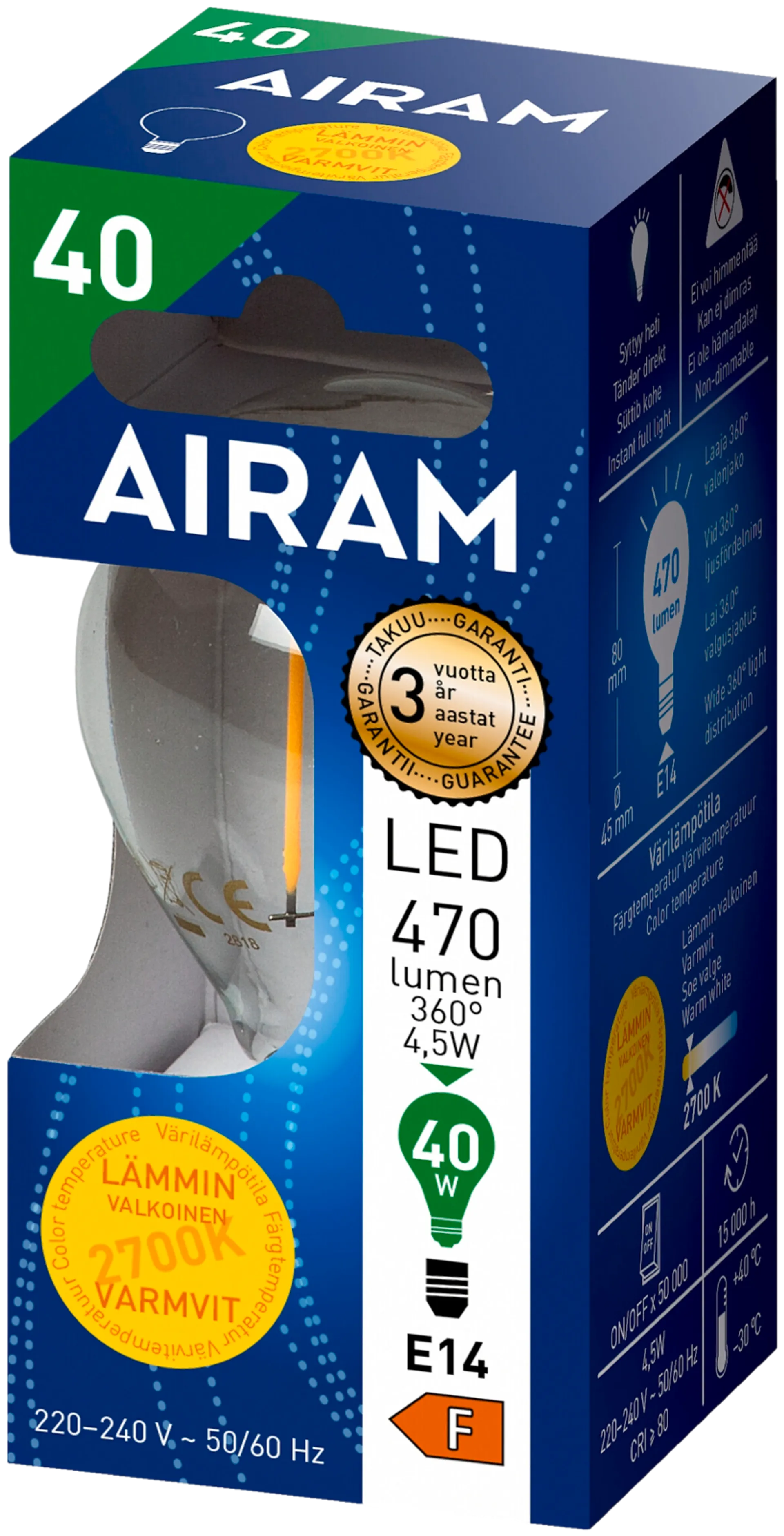 Airam LED 4,5W mainos filamentti E14 470lm 2700K - 2