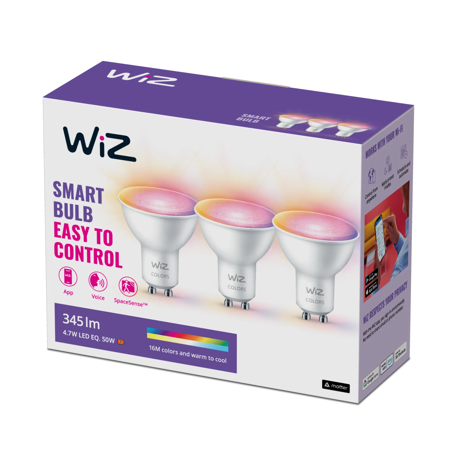 WiZ älylamppu GU10 PAR16 4.7W RGB Wi-Fi, 3 kpl:n pakkaus - 12