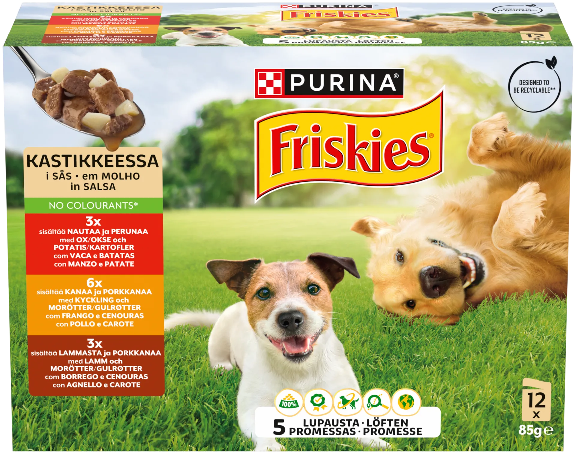 Friskies 12x85g adult nautaa, lammasta ja kanaa kastikkeessa lajitelma 3 varianttia