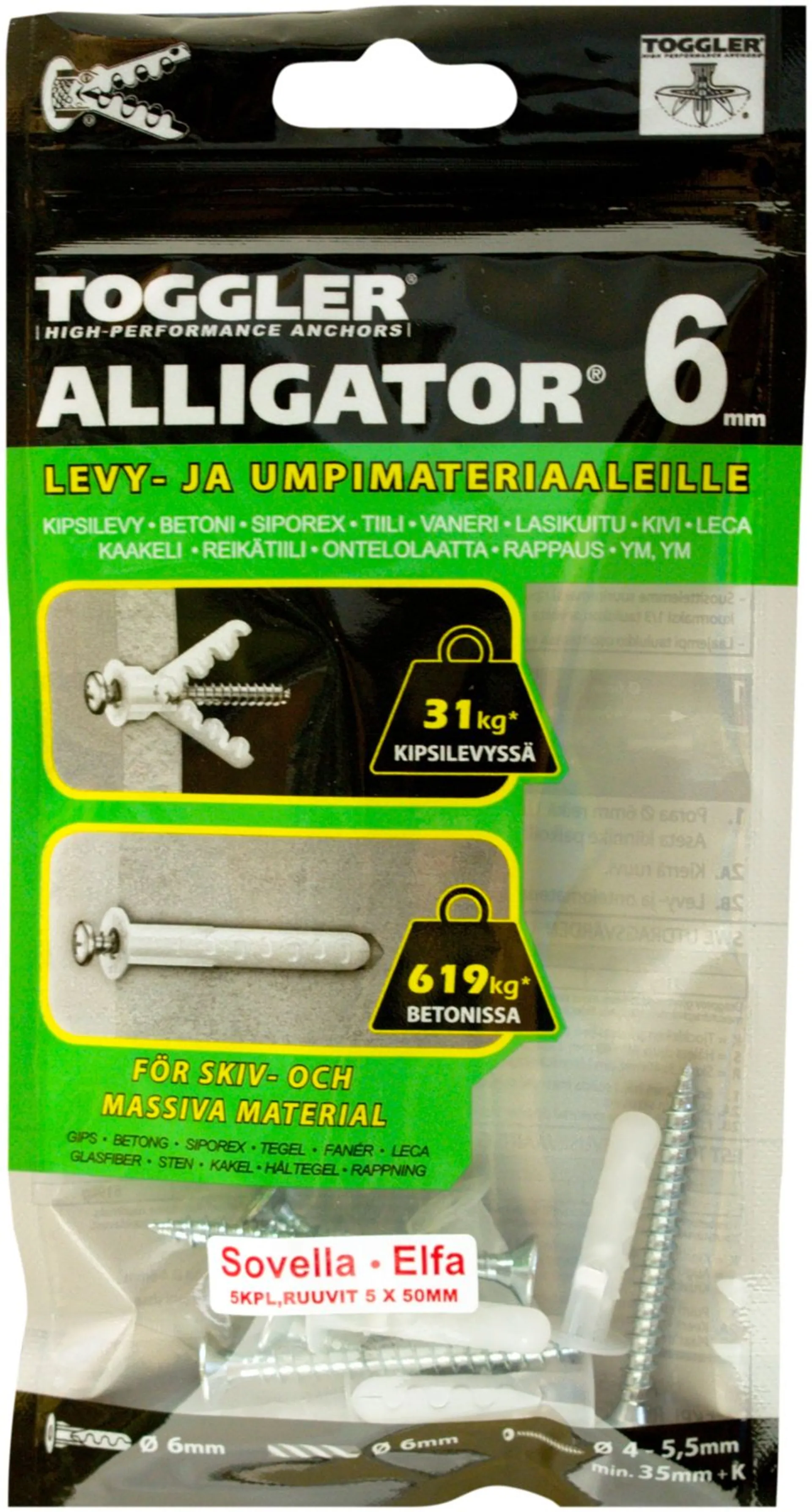 Toggler Alligator AF6-5S kiinnike laipalla 6mm Sovella 5kpl + ruuvit - 1