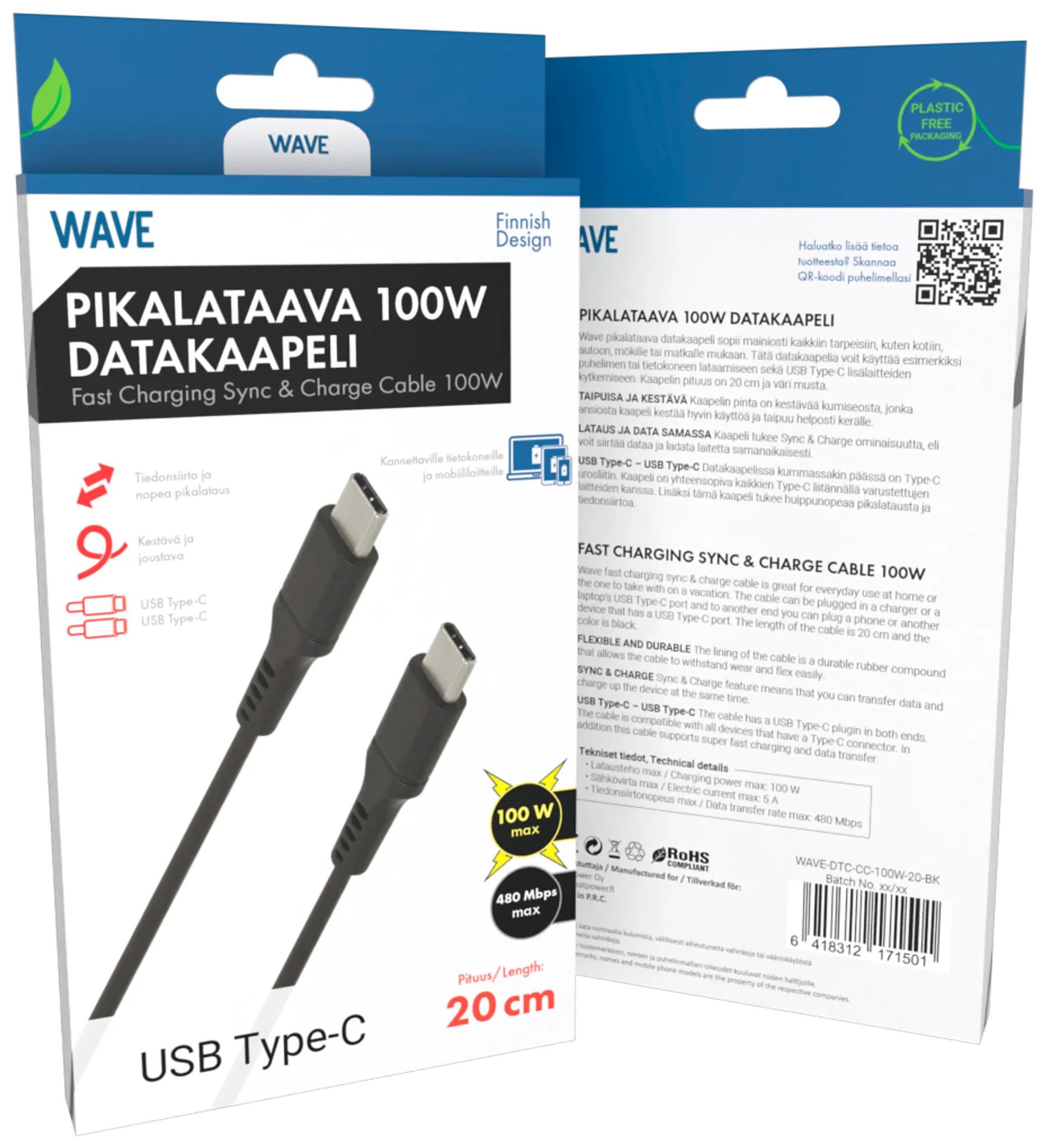 Wave 100W Datakaapeli, USB Type-C -> USB Type-C (480 Mbps), 20cm, Musta - 1