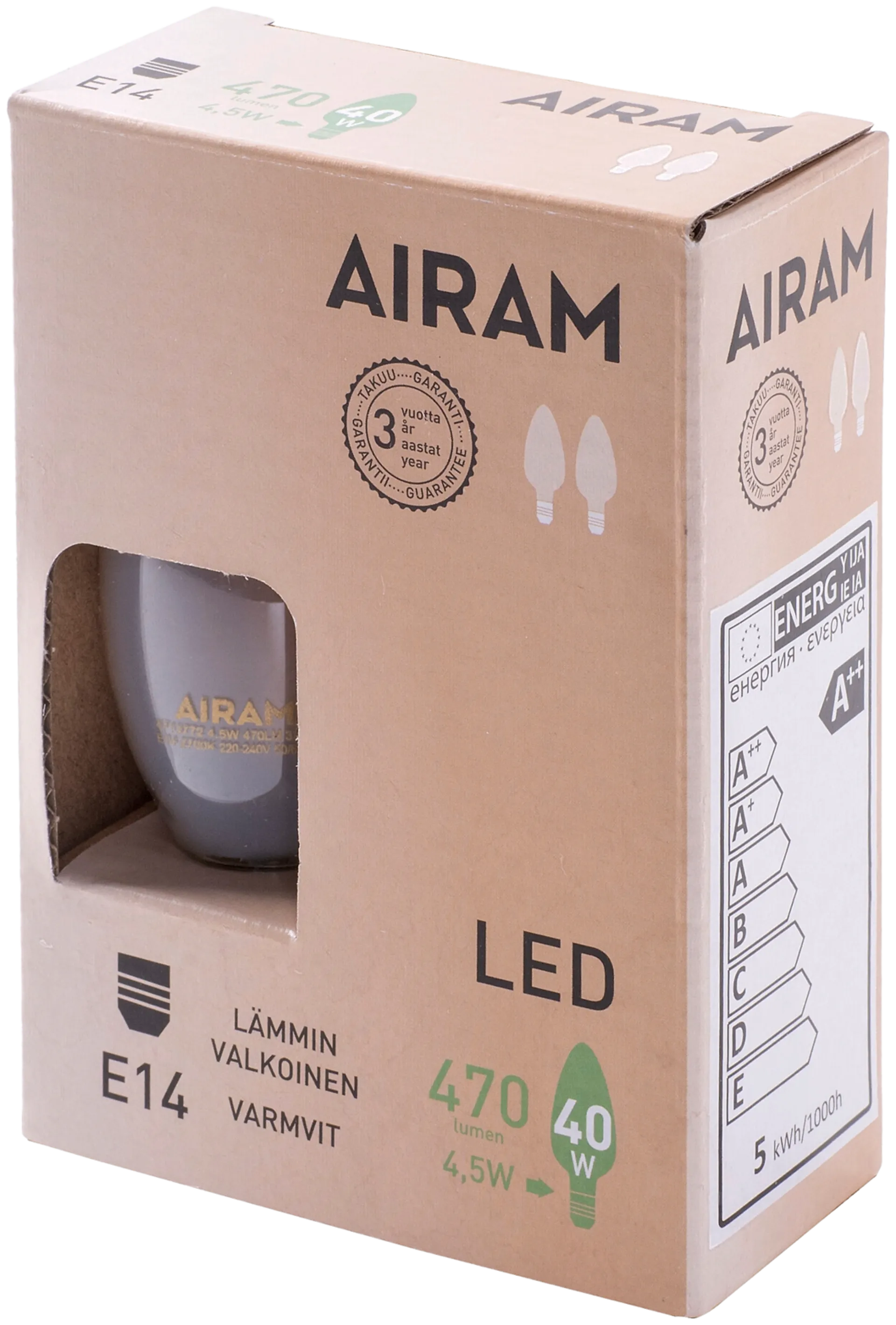 Airam Led himmeä 4,5W kynttilä E14 2700K 470lm 12 000h 2pack - 1