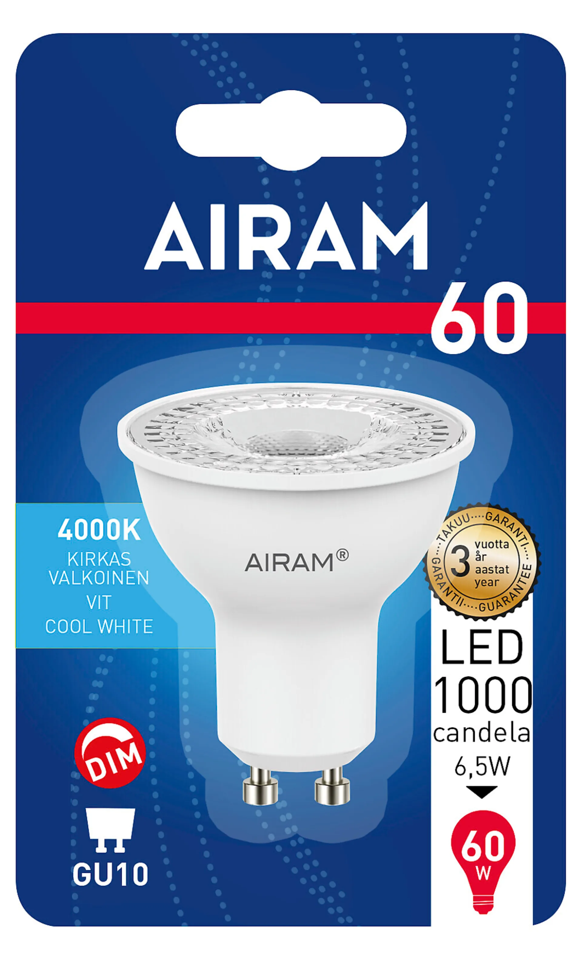 Airam LED 4W GU10 PAR16 4000K himmennettävä - 2
