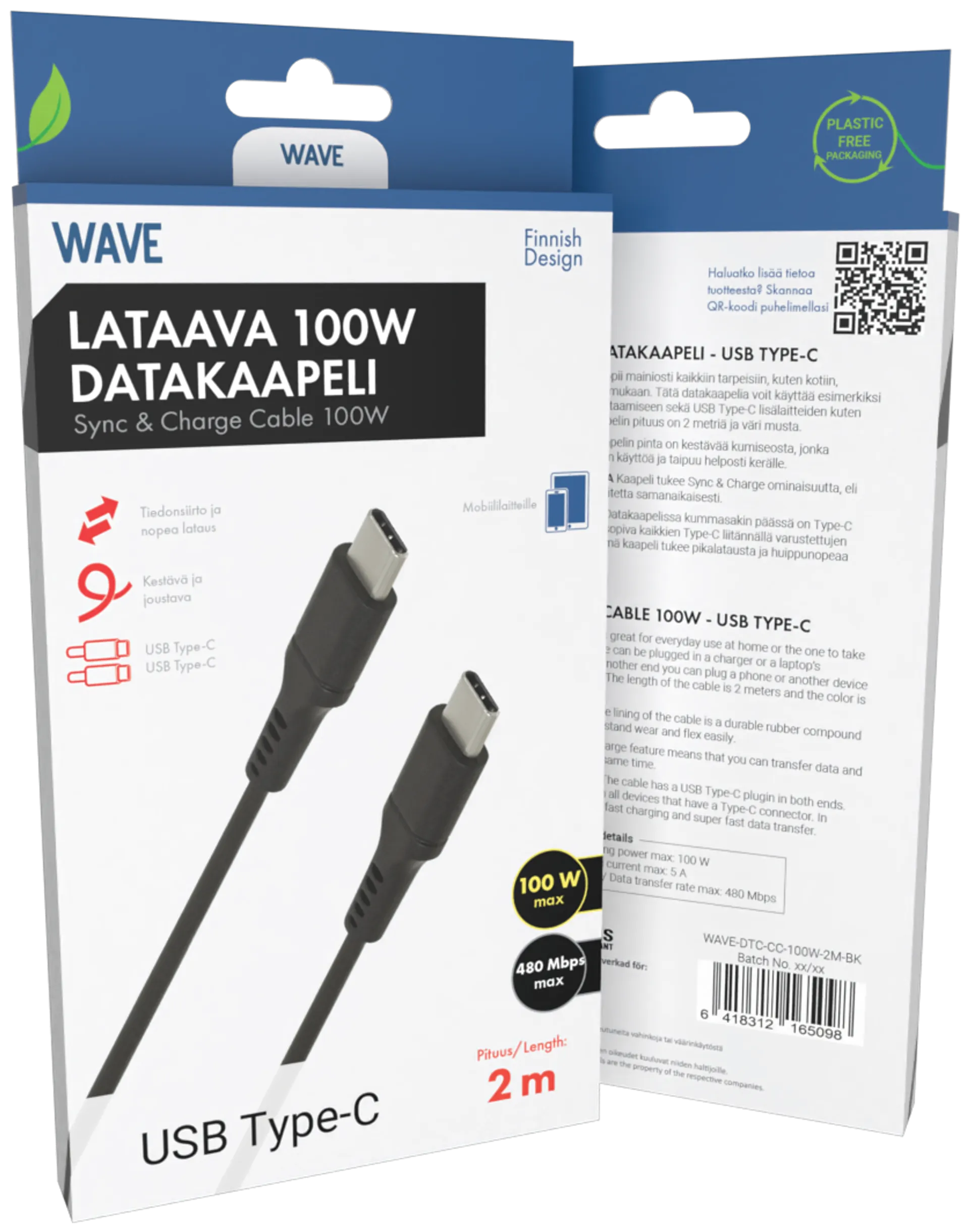 Wave 100W Datakaapeli, USB Type-C -> USB Type-C (480 Mbps), 2m, Musta - 1