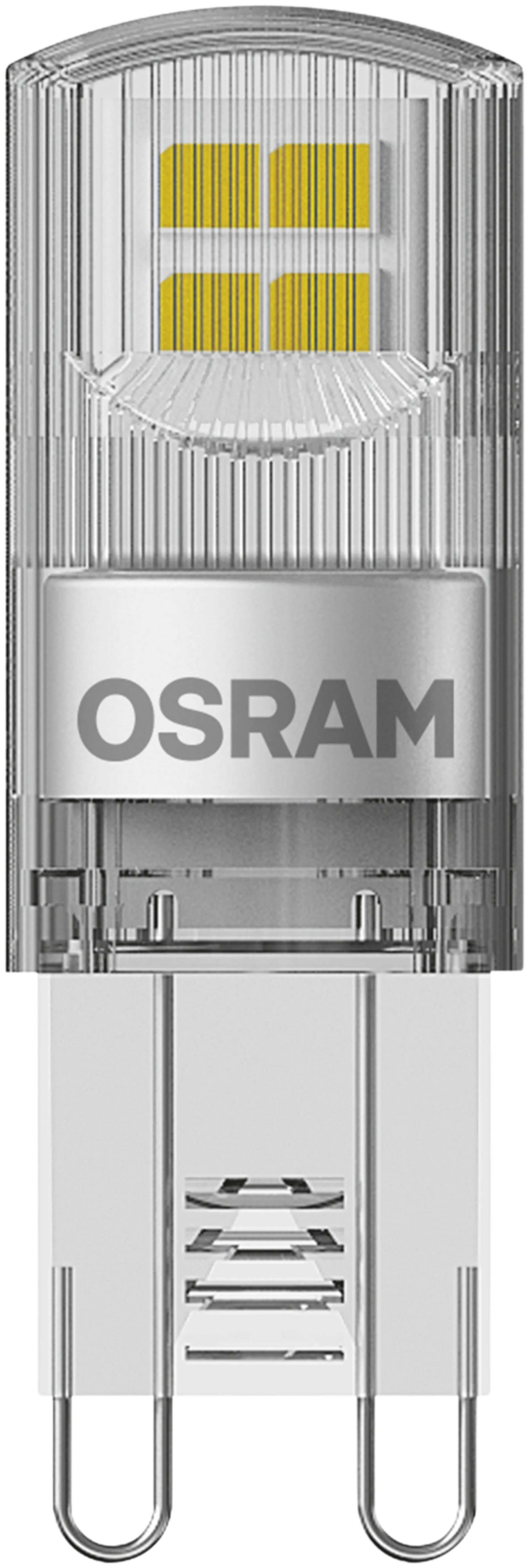 Osram LED PIN 1,9W/2700K G9 ei-himmennettävä kirkaskupuinen LED-pienoislamppu. Kupu muovia. Valovirta 200 lm (vastaa 20 W:n hehkulamppua). Pakkaus sisältää kaksi lamppua. - 1