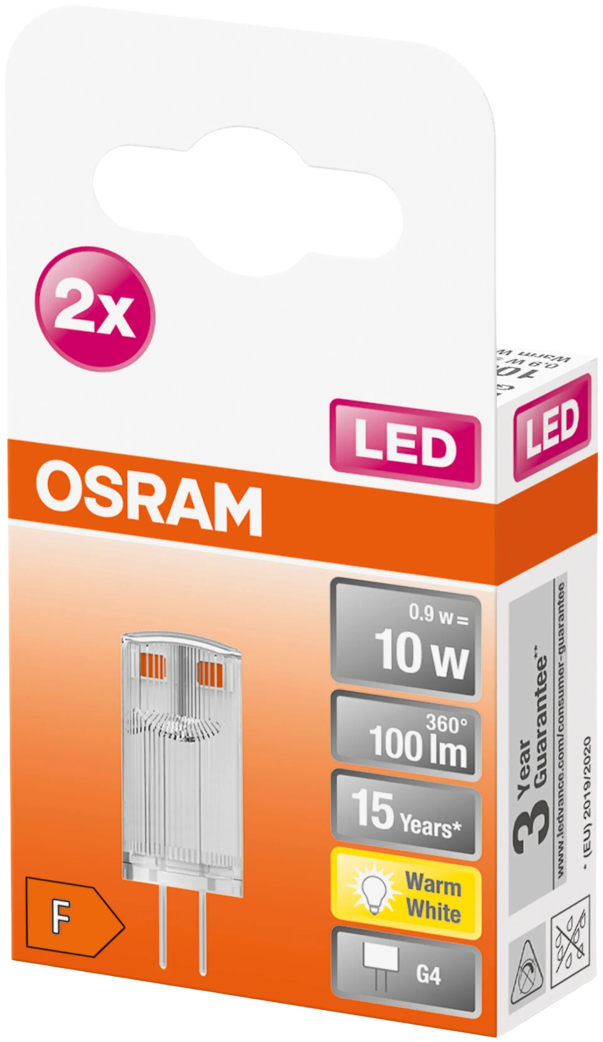 Osram LED PIN 0,9W/2700K 12V G4 ei-himmennettävä kirkaskupuinen LED-pienoislamppu. Kupu muovia. Valovirta 100 lm (vastaa 10 W:n hehkulamppua). Pakkaus sisältää kaksi lamppua. - 3