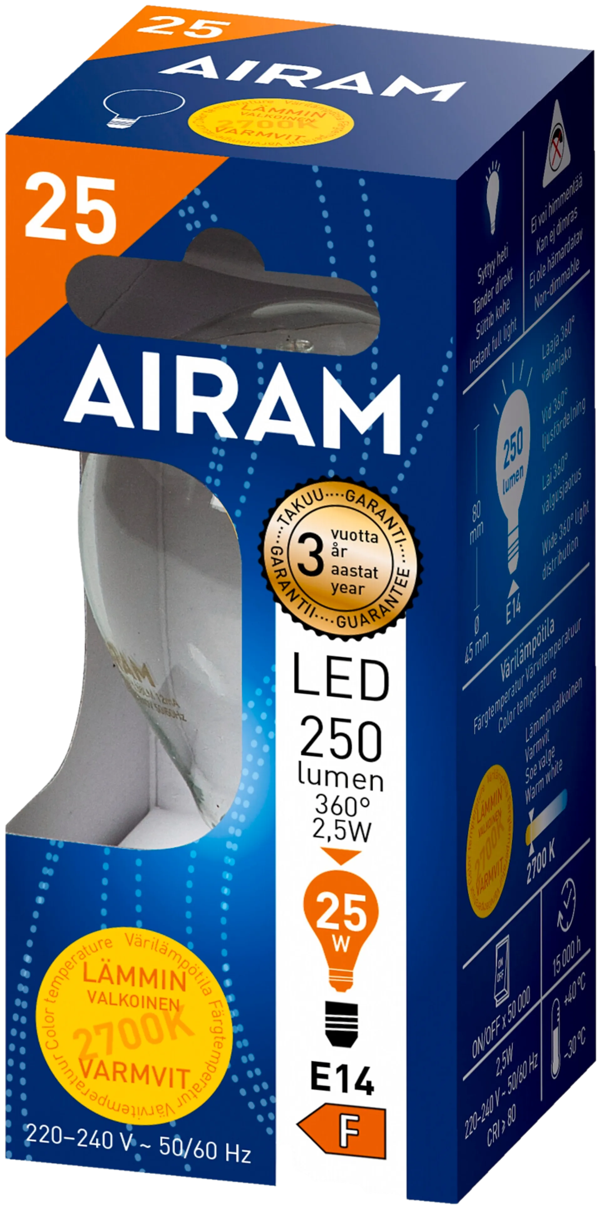 Airam LED 2,5W mainos filamentti E14 250lm 2700K - 2