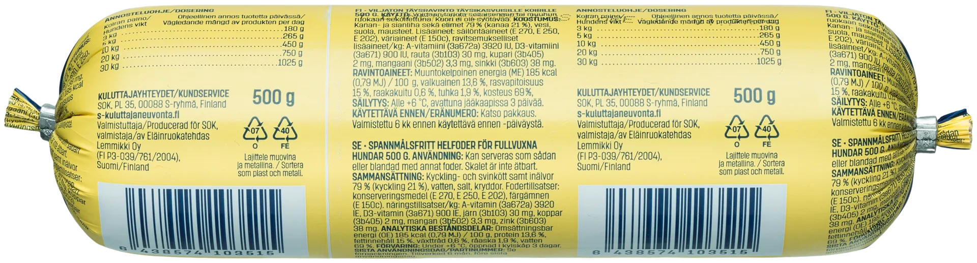 Kotimaista Koiran kanamureke täysravinto 500g - 2