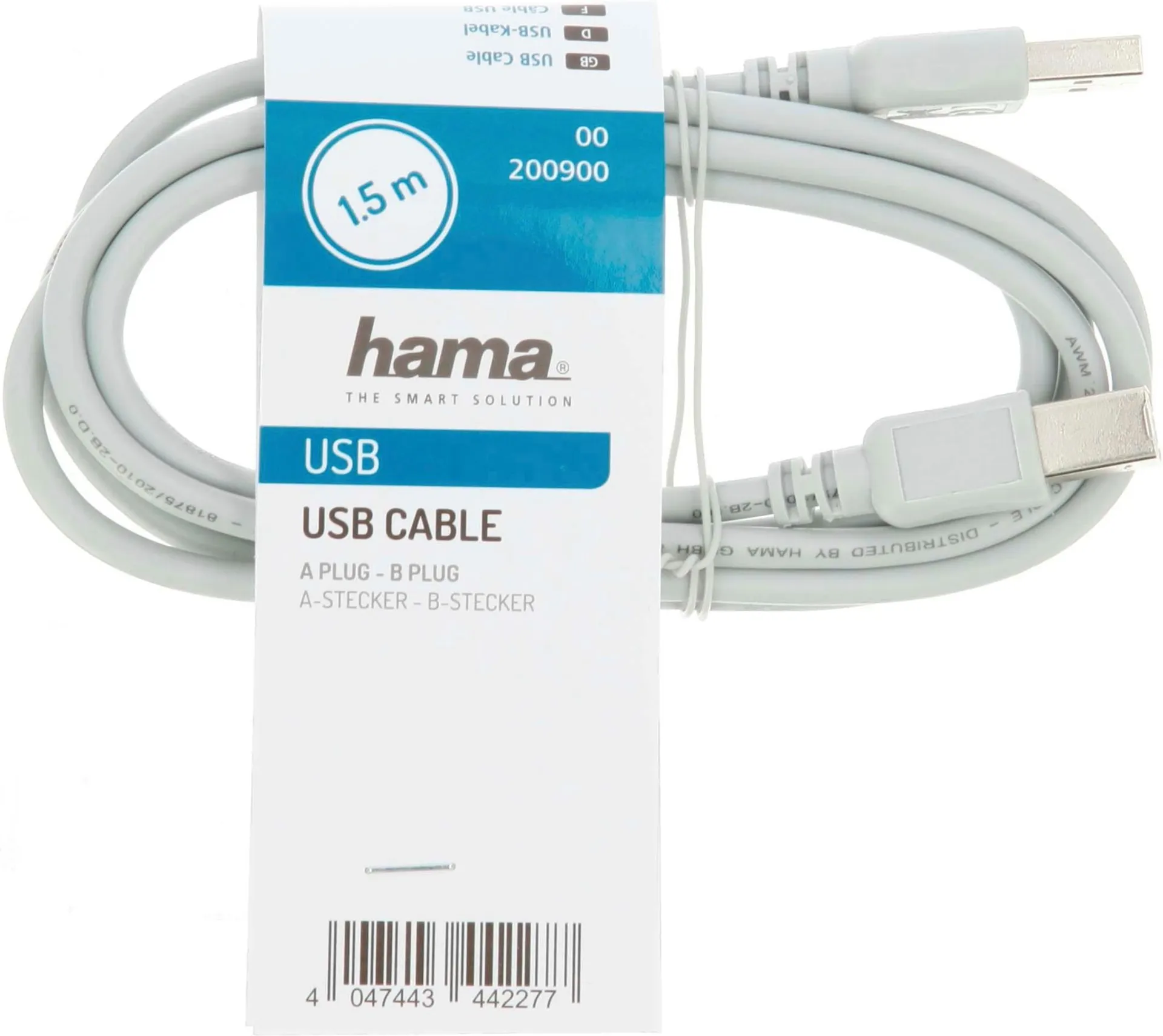 Hama USB-kaapeli, USB-A uros - USB-B uros, USB 2.0, 480 Mbit/s, 1,5 m - 2