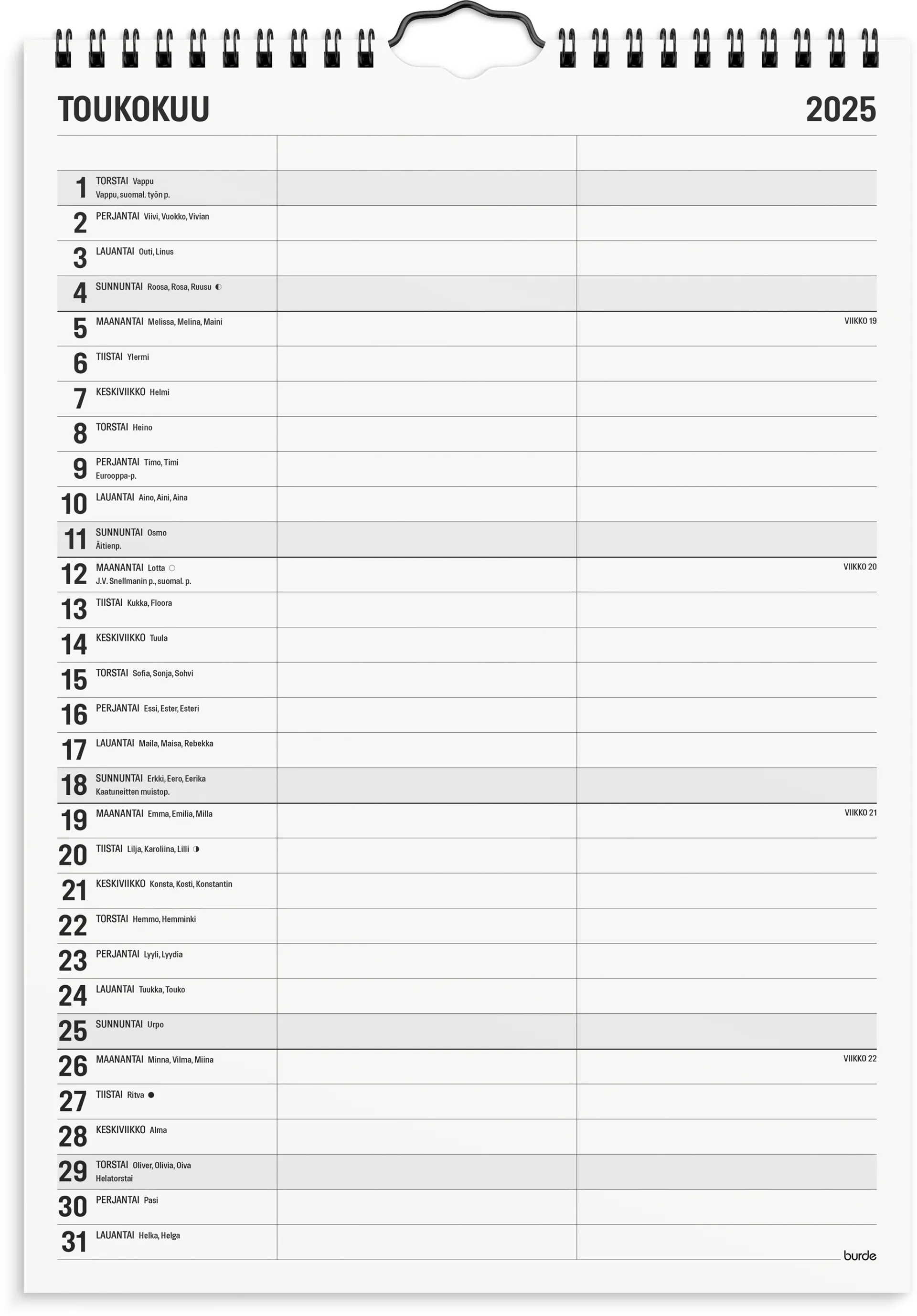 Burde Vuosikalenteri 2025 B & W 2 kolumner - 2