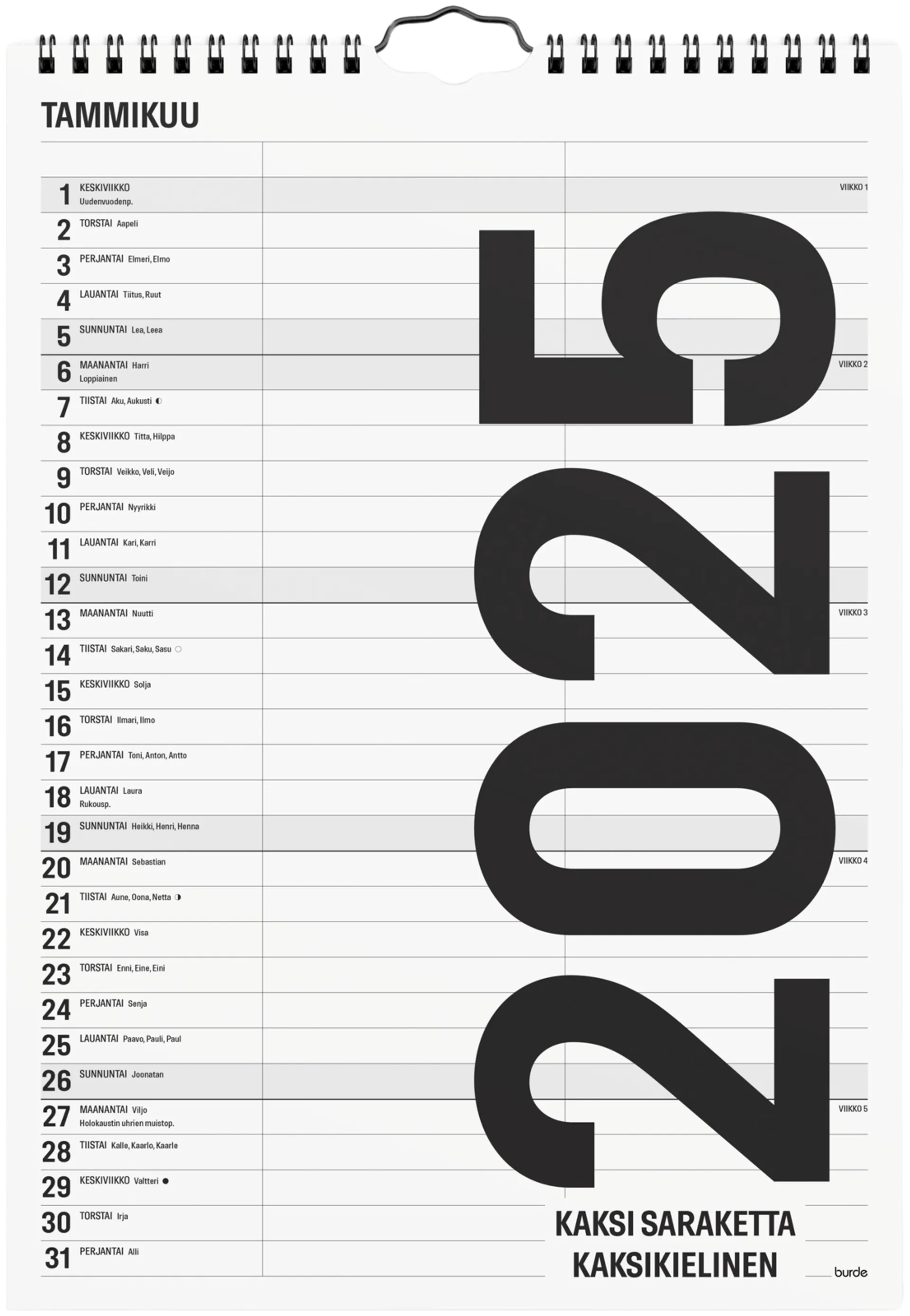 Burde Vuosikalenteri 2025 B & W 2 kolumner - 1