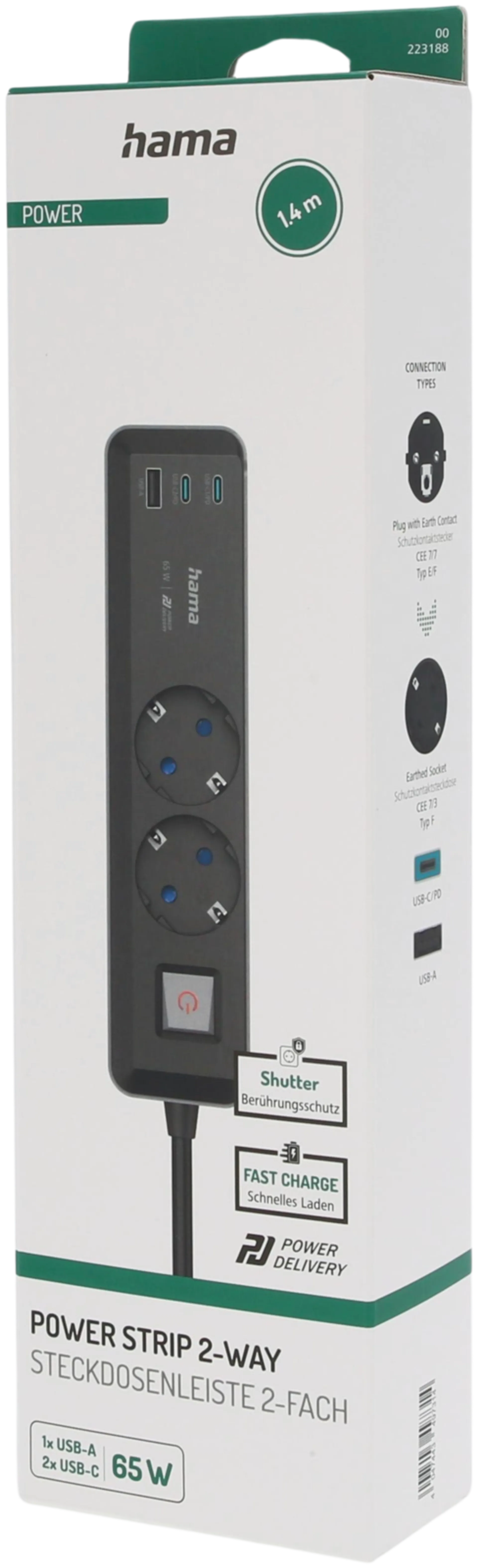 Hama Jatkojohto, 2-paikkainen, PowerDelivery, USB-C/-A 65 W, kytkimellä, 1,4 m - 5