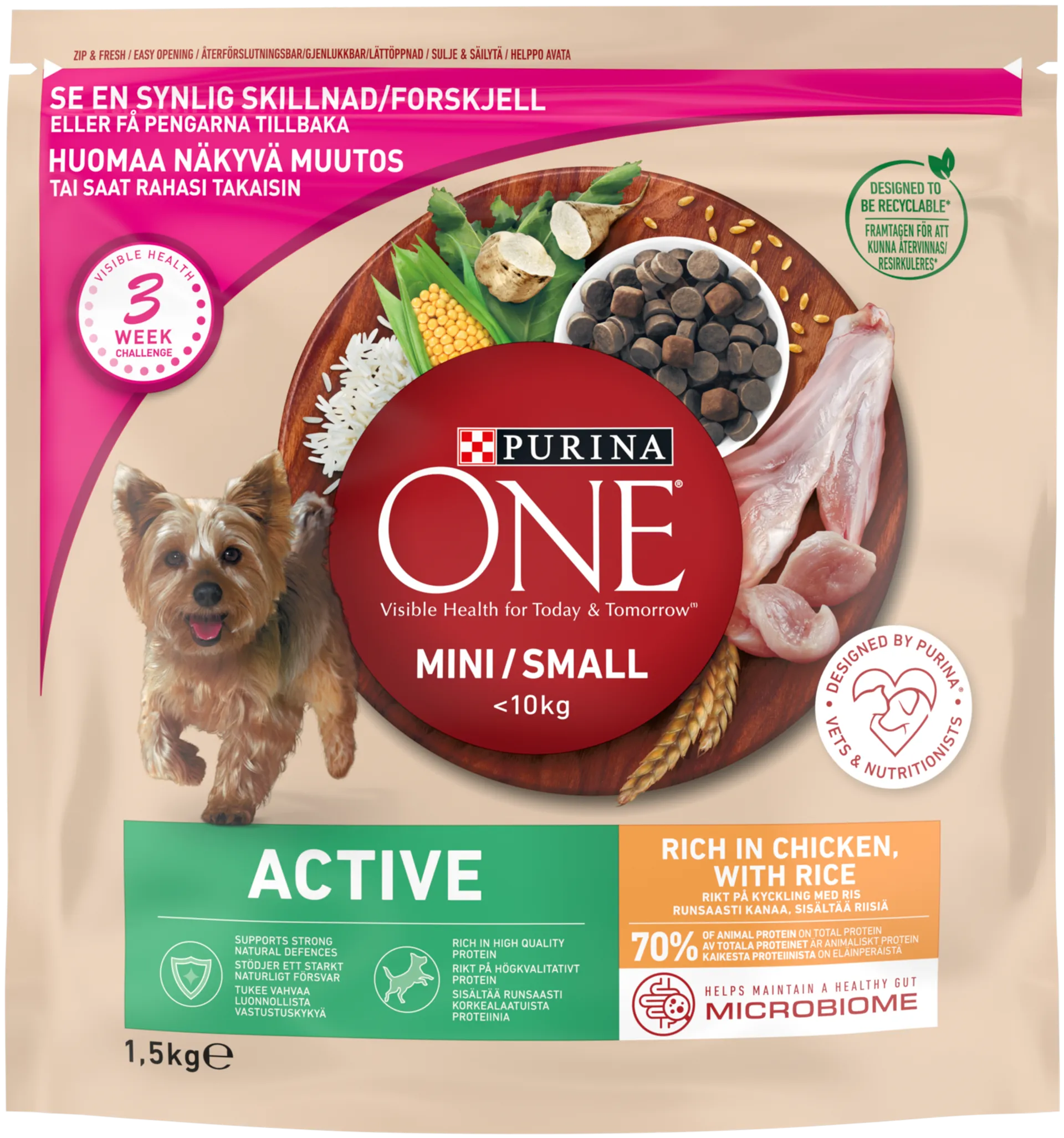 Purina ONE 1,5kg Small Dog <10kg Active Runsaasti Kanaa, sisältää Riisiä koiranruoka