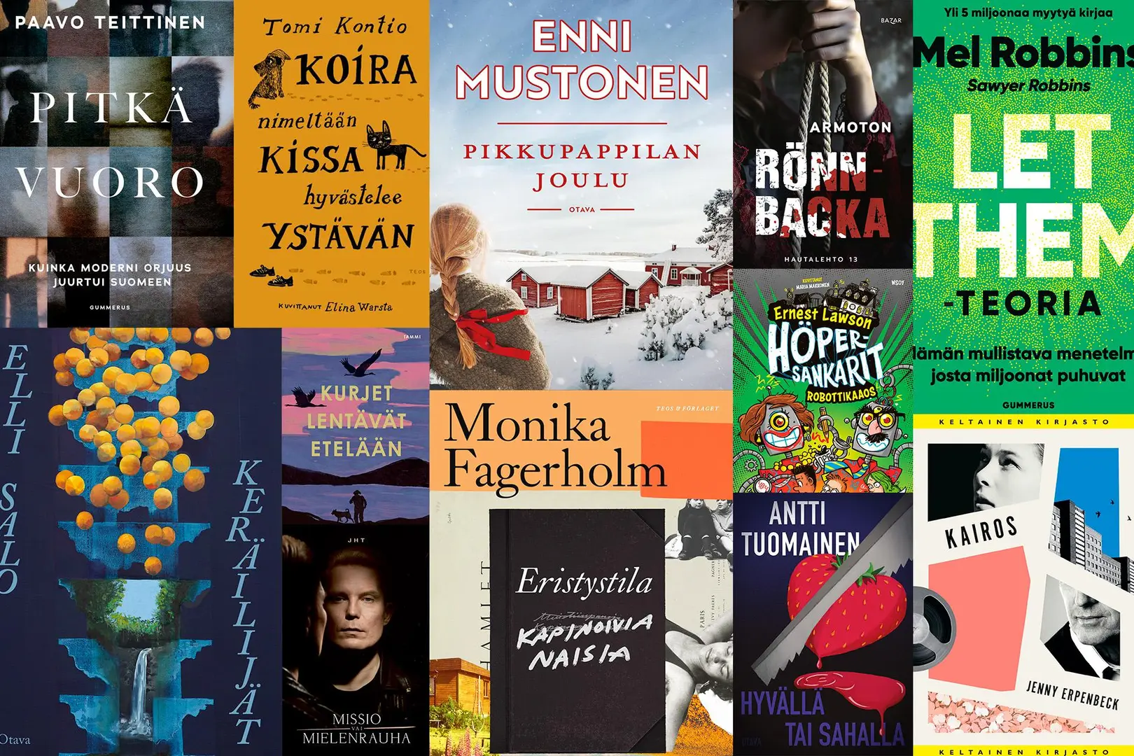 Eri kirjojen kansia koottuna kollaasiksi yhteen kuvaan.