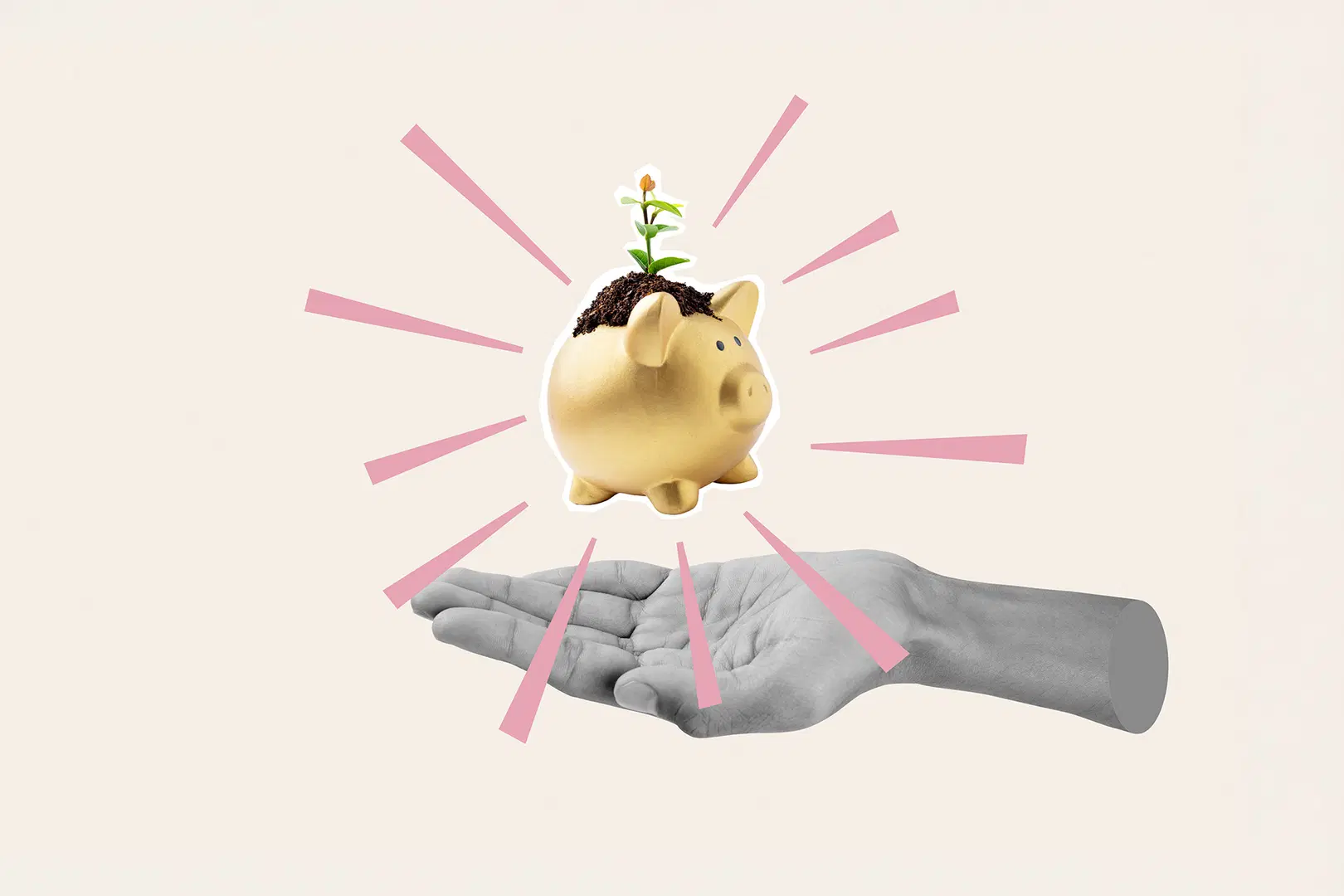 Käsi ja sen yläpuolella säästöpossu.