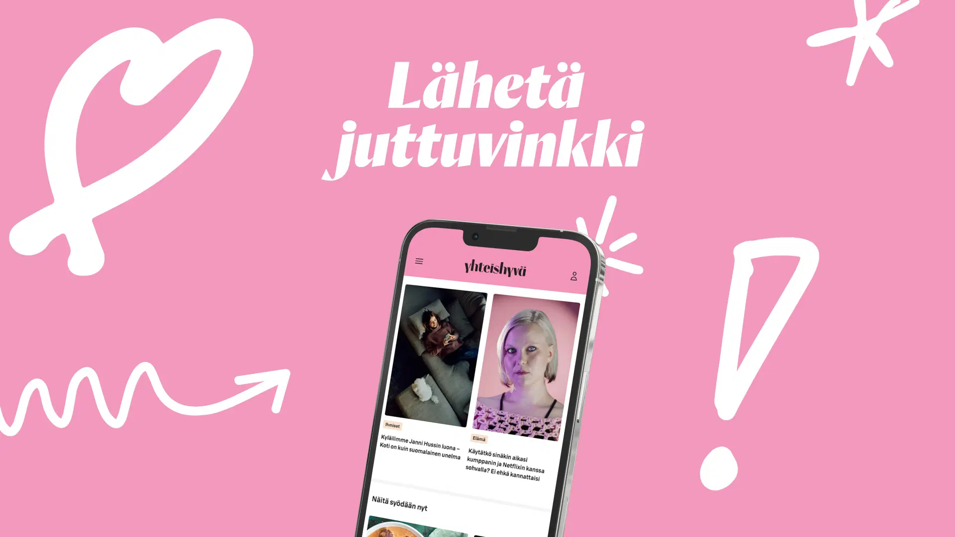 Vaaleanpunainen väritausta, jossa puhelin ja teksti "Lähetä jutuvinkki".