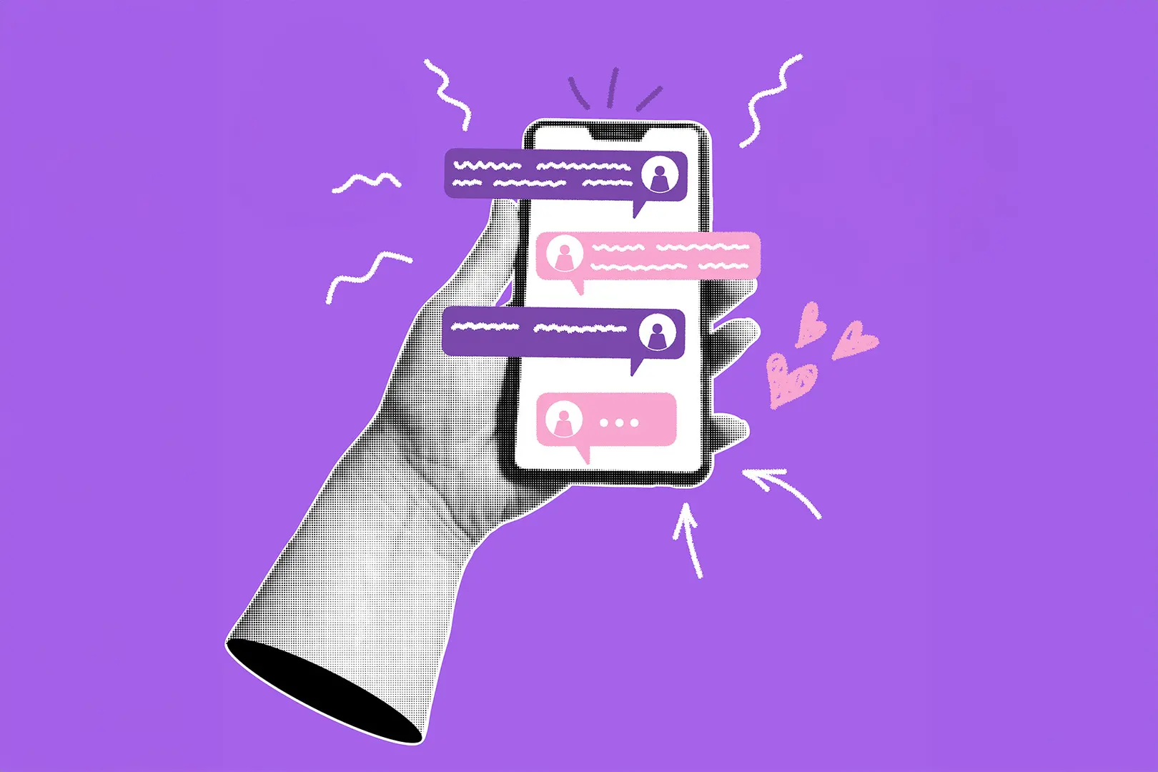 Kädessä on puhelin, johon on piirretty viestejä, nuolia ja sydämiä.