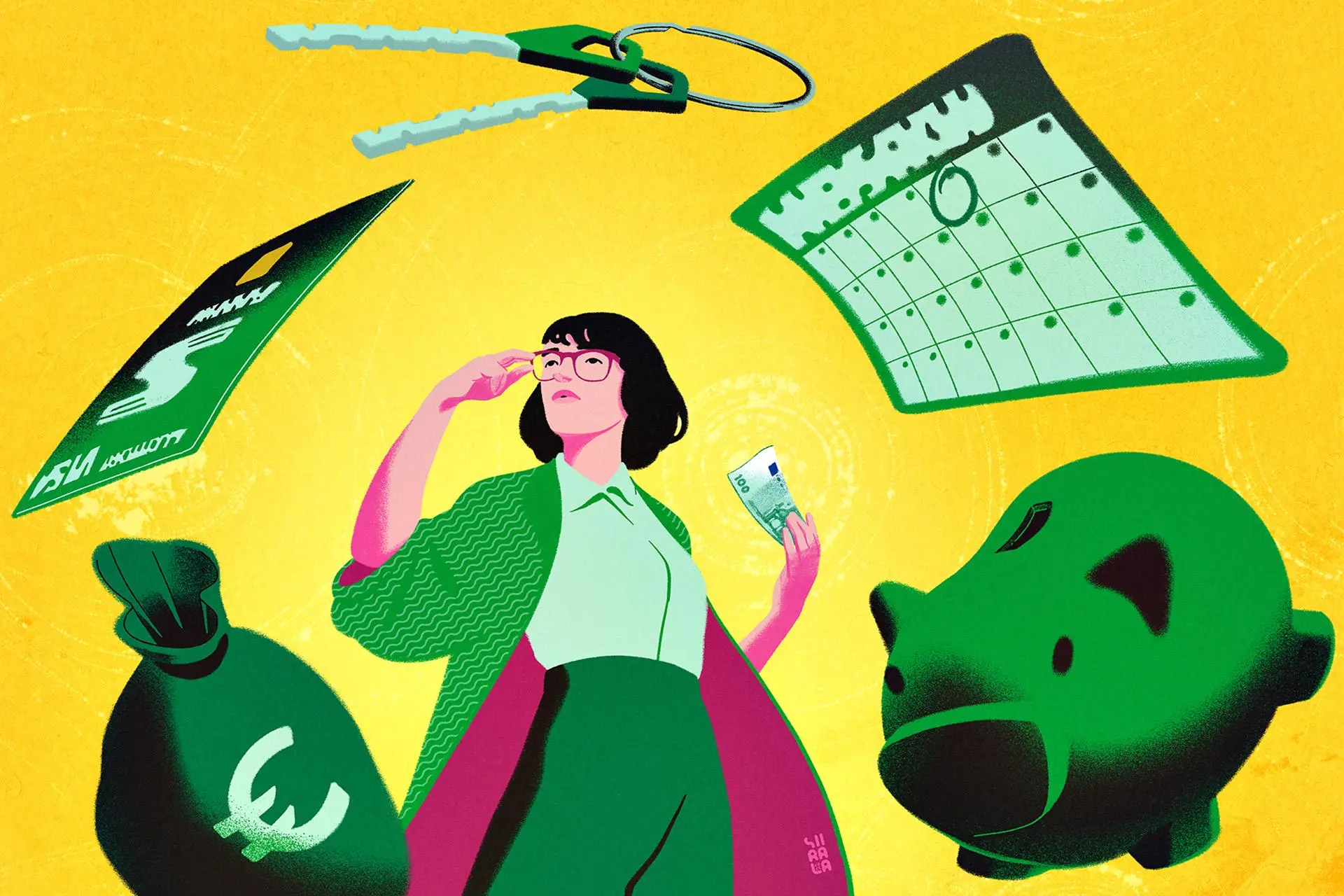 Kuvituskuva ihmisestä, jonka ympärillä on säästöpossu, pankkikortti, avaimet, kalenteri ja rahapussi.