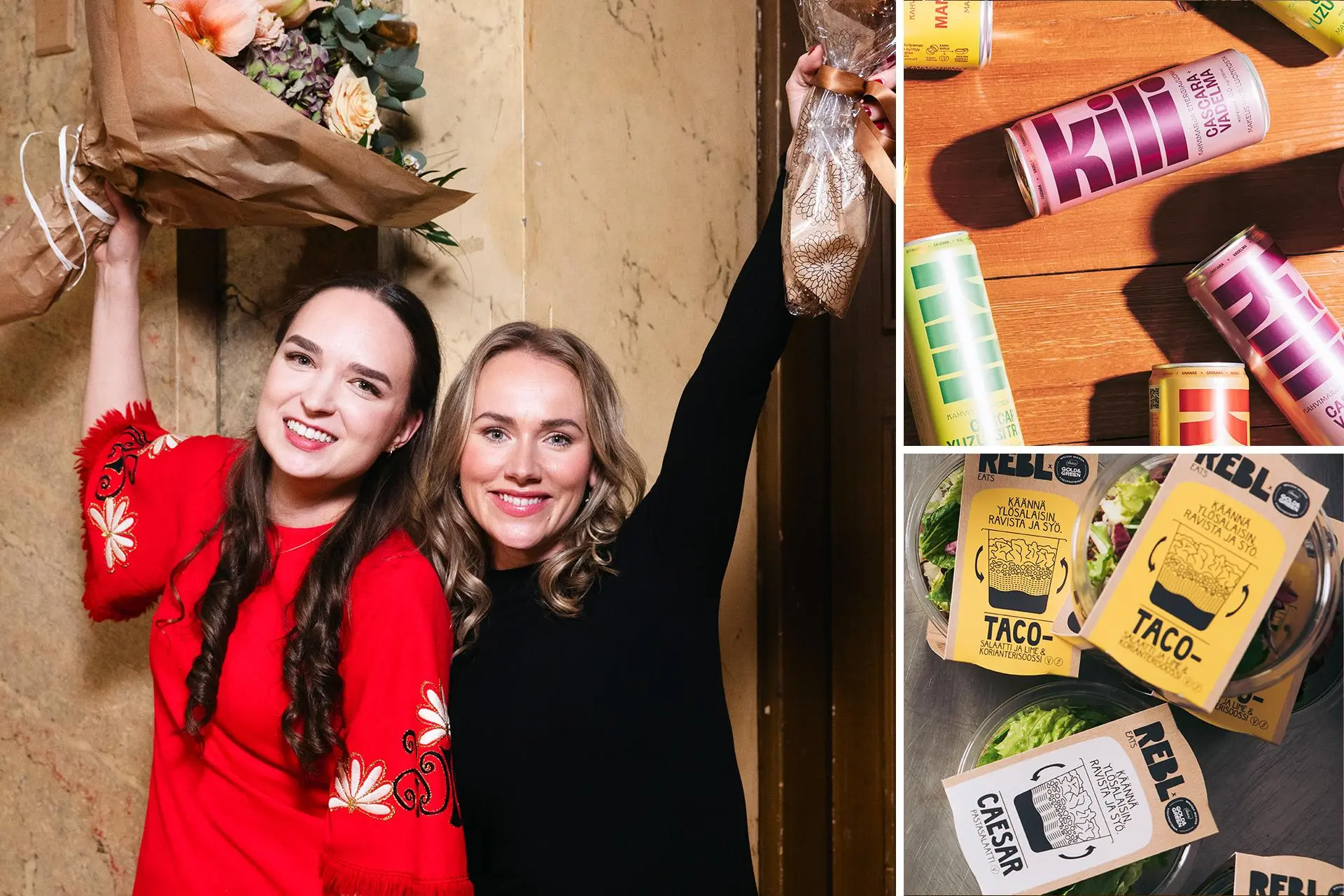 Kuvassa yhdistyy kuva voittajista tuulettamassa sekä tuotekuvat.