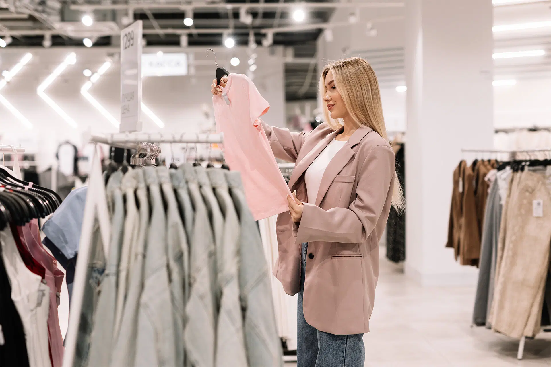 Nainen tarkastelee vaatetta.