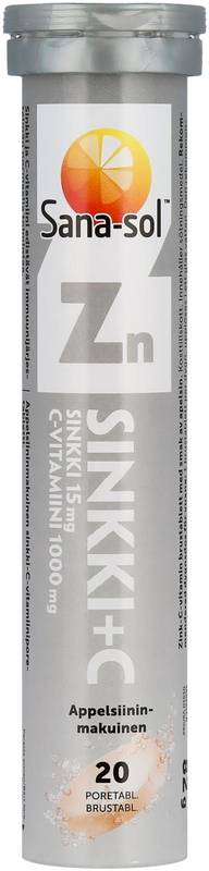 Sana-sol Sinkki 15mg - C-vitamiini 1000mg poretabletti appelsiini 20 kpl/82g