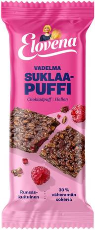 Elovena 30g tumma suklaa & vadelma kaurapuffi välipalapatukka