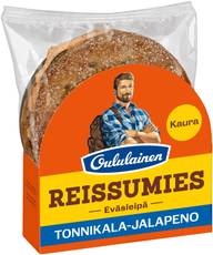 Oululainen Reissumies Eväsleipä Kaura Tonnikala-Jalapeno 145g, täytetty kauraleipä tonnikala-jalapeno-punasipuli