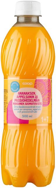 Coop sokeriton ananaksen, appelsiinin ja passiohedelmän makuinen juomatiiviste 1+7 0,5l