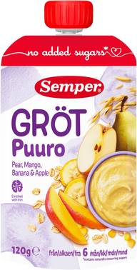 Semper Puuro Päärynä, mango banaani & omena 6kk käyttövalmis lastenpuuro 120g