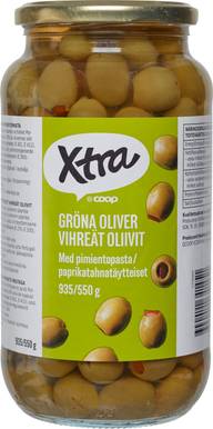 Xtra paprikatahnatäytteiset vihreät oliivit 935/550 g