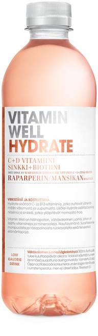 Vitamin Well Hydrate, raparperin ja mansikan makuinen vitaminoitu hiilihapoton juoma 500ml