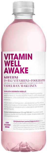 Vitamin Well Awake, vadelman makuinen vitaminoitu hiilihapoton juoma 500ml