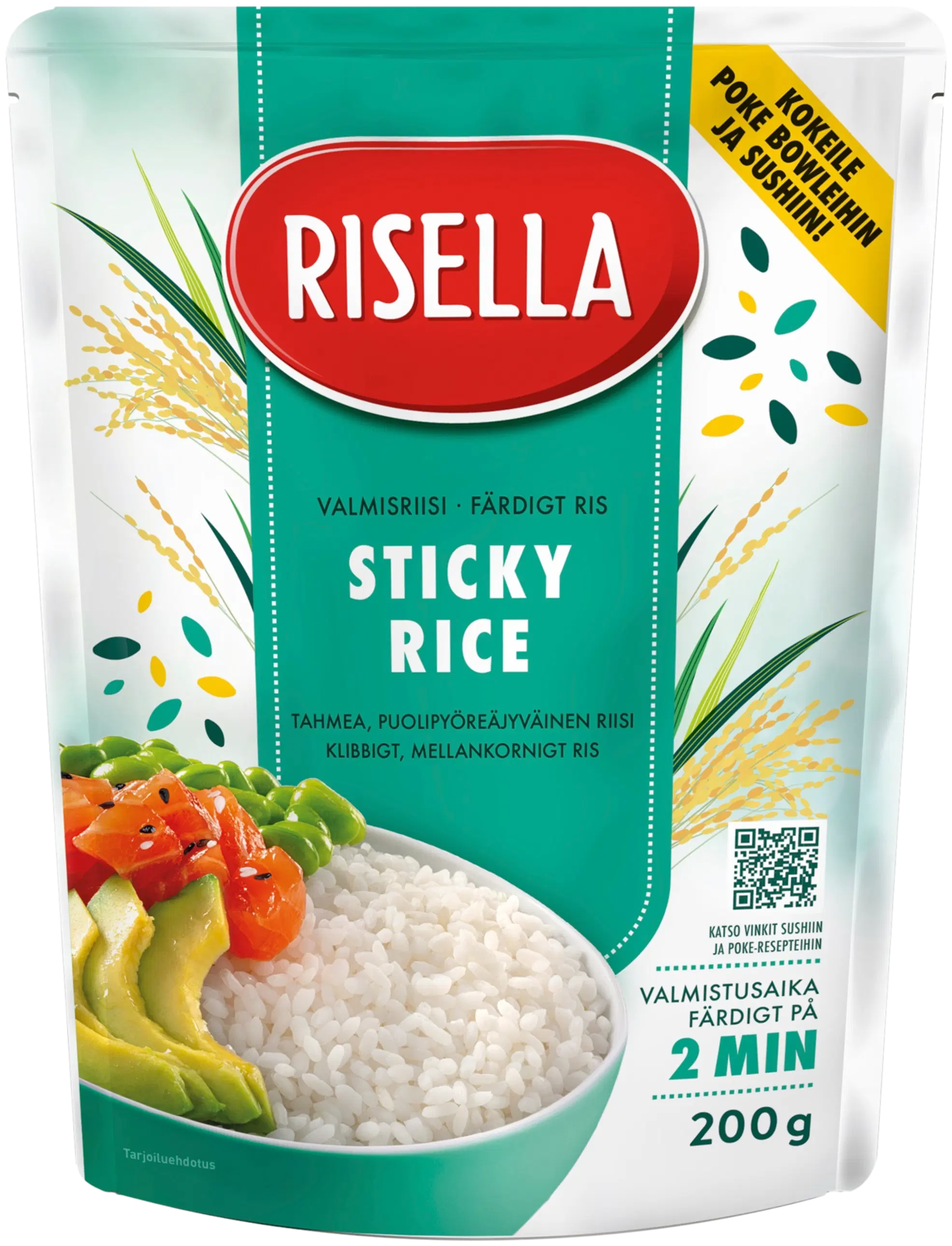 Risellan Sticky rice -valmisriisipussi.