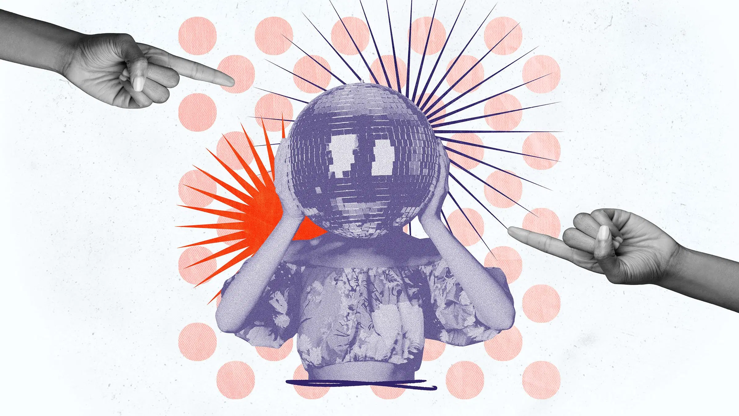 Puolilähikuva naisesta, jolla on pään tilalla discopallo. Kaksi kättä osoittaa naista sormella.